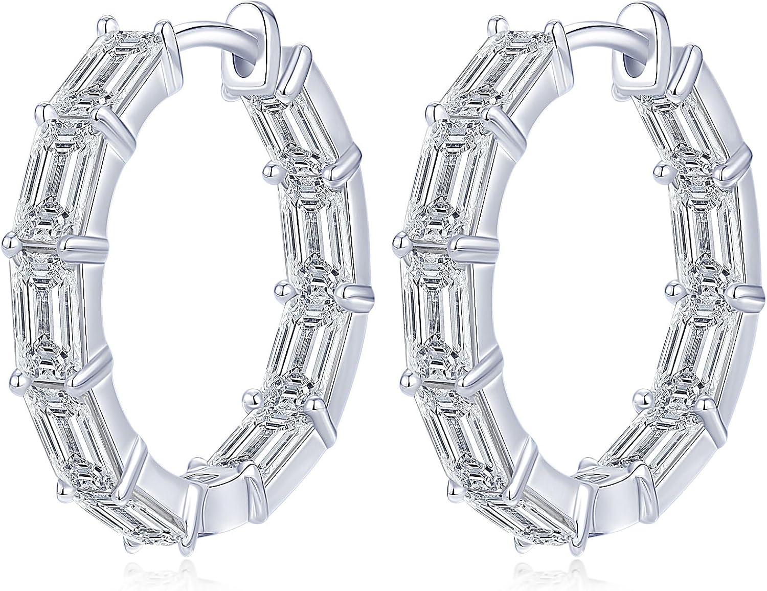 Moissanite Hoop Earrings, 9.0cttw D Color 3x5mm Emerald Cut Moissanite 925 Sterling Silver Round Earrings for Women Mom Wife Wedding Birthday Jewerly Gifts