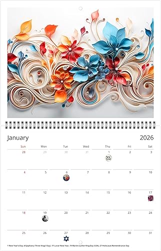 Miniatura 5 de Calendario de pared 2026 con gracia floral - Elegante floración con vacaciones (clásico de plegado medio, grande de 11 x 17 pulgadas)