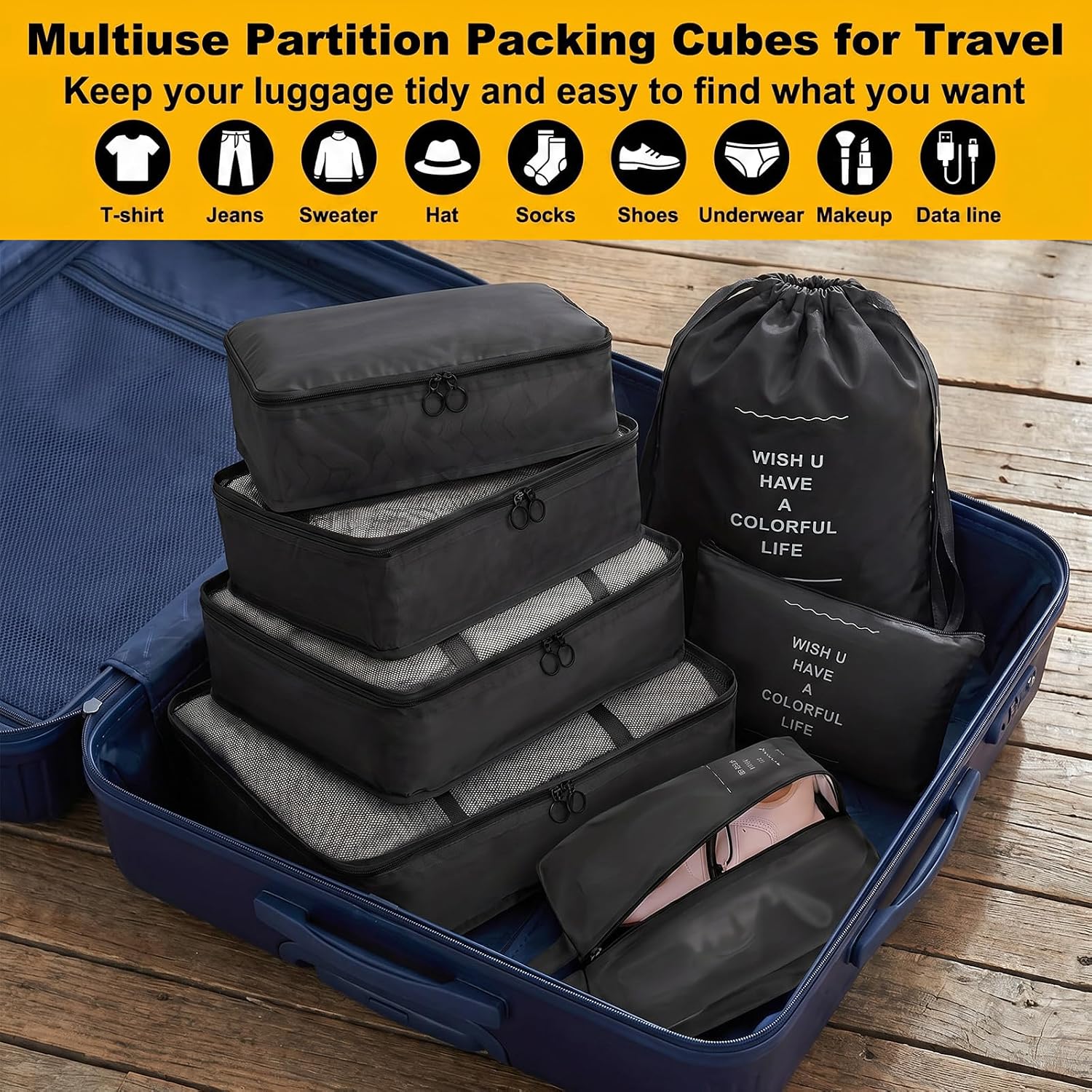 28 Pcs Luggage Clothes Organizer Bags, 4 Sets Travel Luggage Packing Organizers Packing Cubes for Travel, Foldable Suitcase Organizers for Family Vacation (Beige, Black, Gray, Navy Blue)