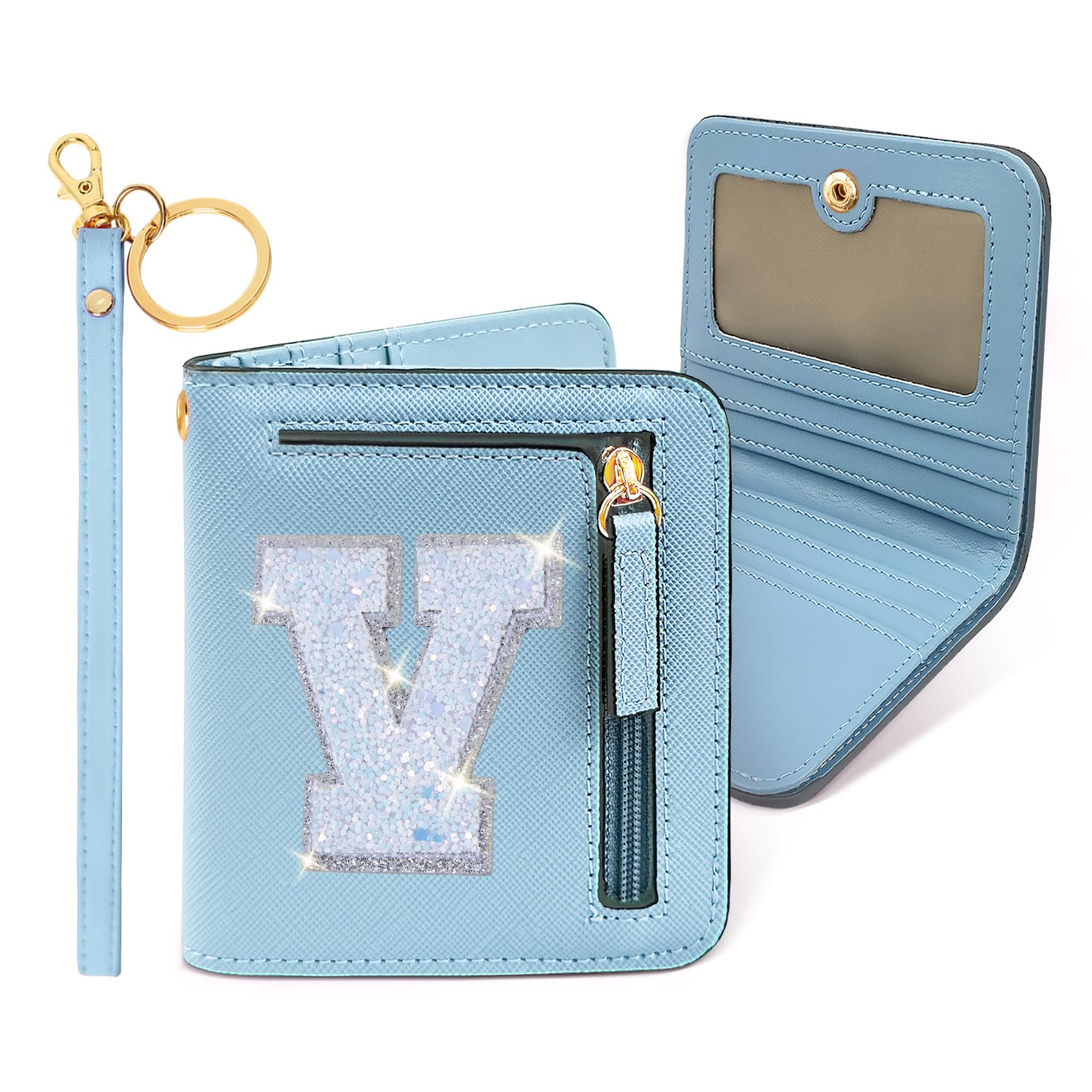 COSHAYSOO Small Wallet for Women Teenager Girl Personalized Initial Gift Preppy Letter Monogrammed Patch Mini Purse Waterproof for Travel Credit ID Cards Cash Holder Novelty Organizer Blue V