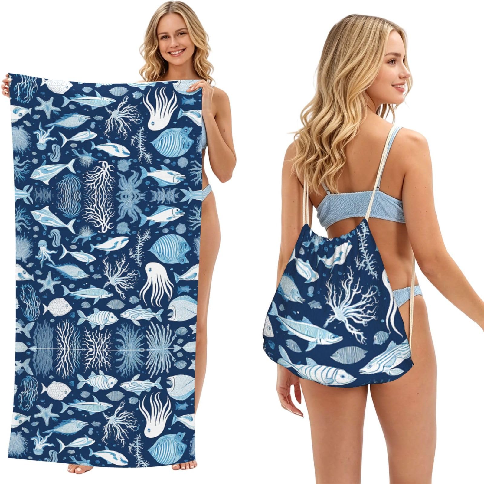 EZDLOWVBA Sea Animals Print Beach Towel Backpack 2 In 1 Summer Large Lightweight Beach Towel - Multifunctional Ship Pattern Towel Bag For Storage,Sport