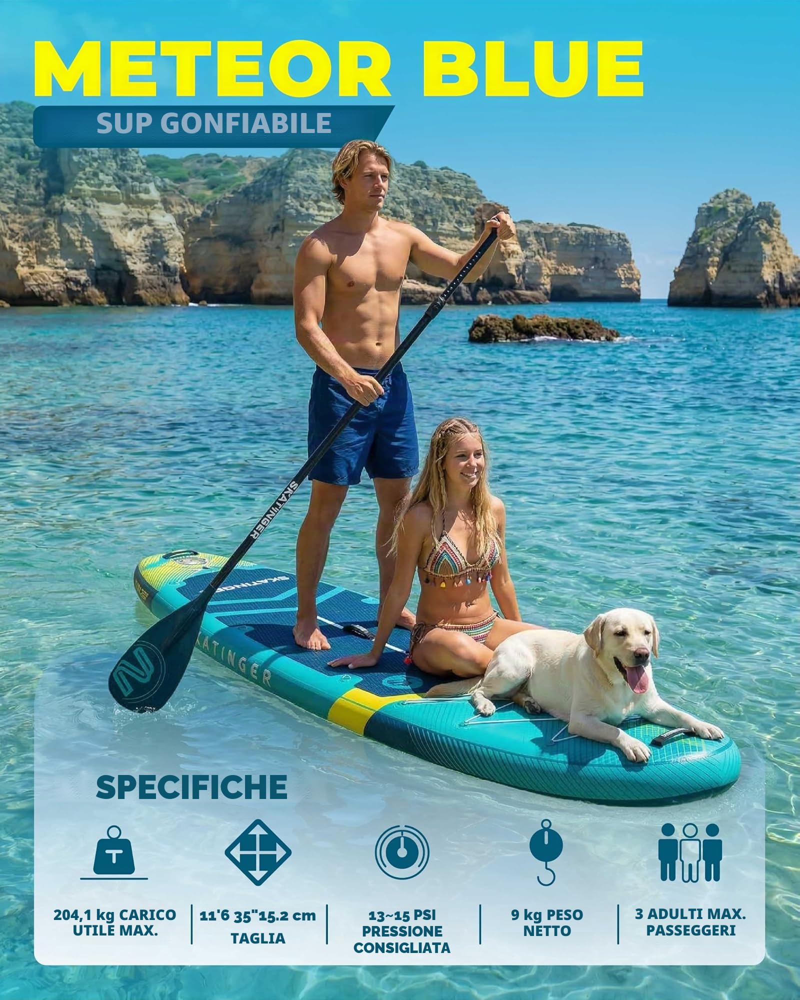 Skatinger Tavole gonfiabili per stand up paddle, 28 x 86 x 15,2 cm, tavola da SUP gonfiabile, tavola da yoga con zaino 1600D, 6 anelli a D extra, tracolla, pinna centrale degli Stati Uniti, pompa a 2