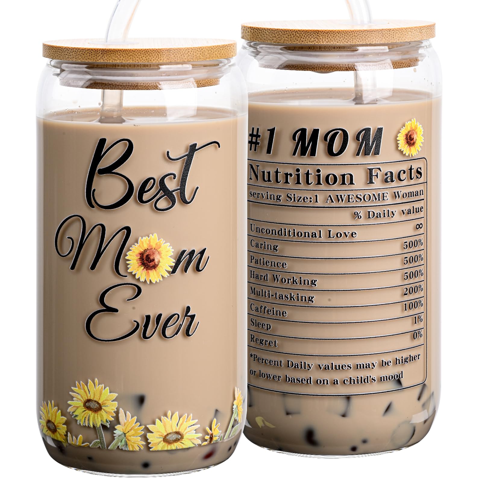 AUOIAJAS Gifts for Mom Women from Daughter Son Kids, Birthday Gift for Mother Mama Stepmom New Mom, Glass Coffee Mug Cup Jar with Lid and Straw 16 Oz