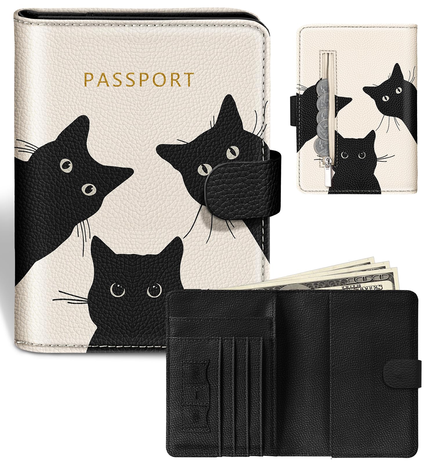 Passport Holder Cover Wallet for Travel - Women Men RFID Blocking Passport Book Protector for Boarding Pass Cards, Beige, 0.83 x 4.3 x 5.91 inches, Cream Cute Black Cat-image-30