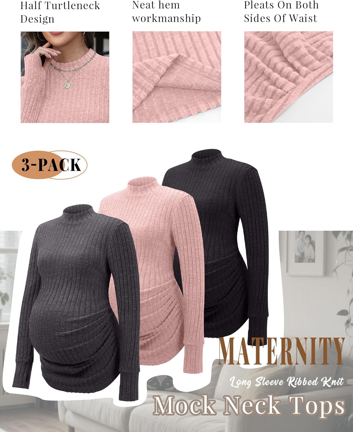 3 Pack Women's Maternity Shirts Mock Turtleneck Long Sleeve Ribbed Pregnancy Tops with Thumb Hole Mama Clothes - Image 3