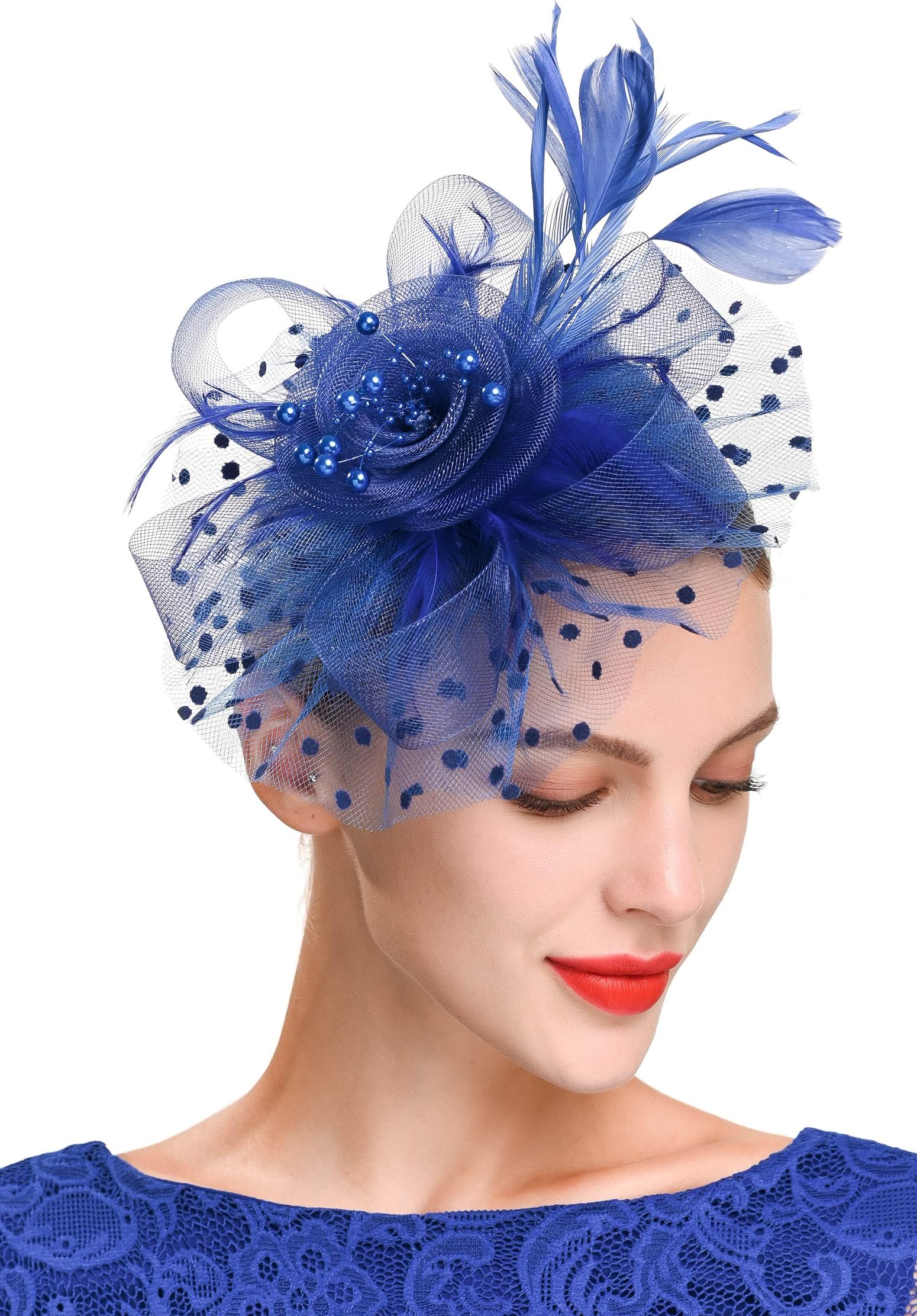 ZivyesFascinators Hat for Women Tea Party Headband Kentucky Derby Wedding Cocktail Flower Mesh Feathers Hair Clip, 1-blue, One size