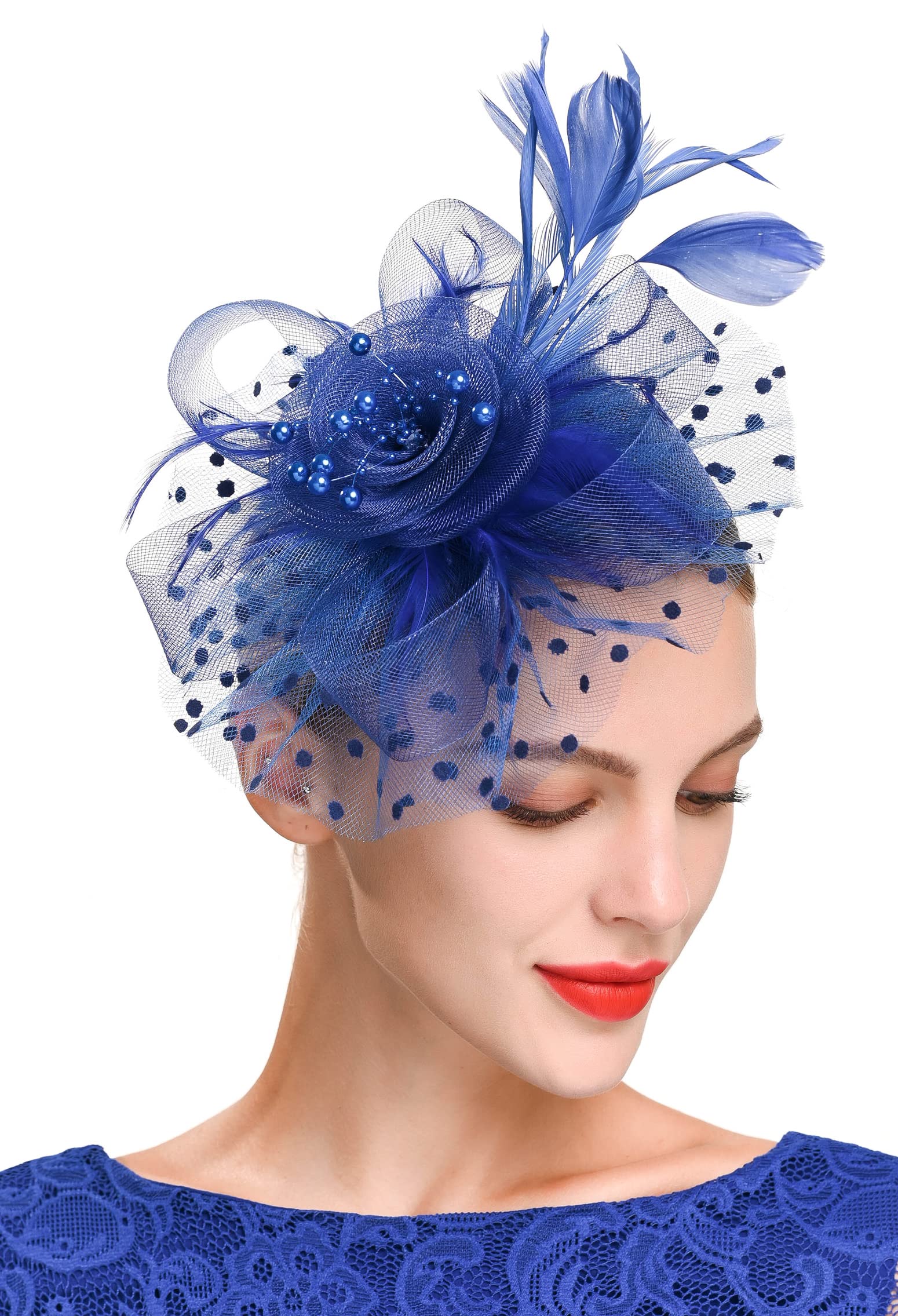 ZivyesFascinators Hat for Women Tea Party Headband Kentucky Derby Wedding Cocktail Flower Mesh Feathers Hair Clip, 1-blue, One size