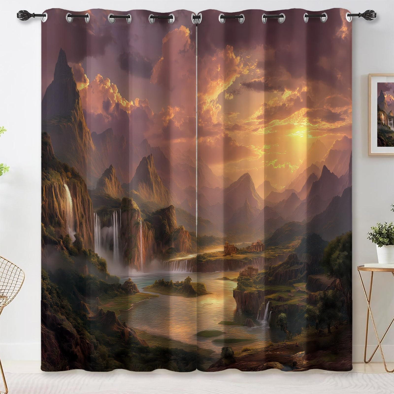 Générique Rideau Occultant, Paysage Onirique Motif Rideaux Thermiques à Oeillets, Cascade Rivière Nuages Rideaux Imprimé pour Salon Chambre Fenetre Décoration, 140 X 260 cm (LxH), Lot de 2