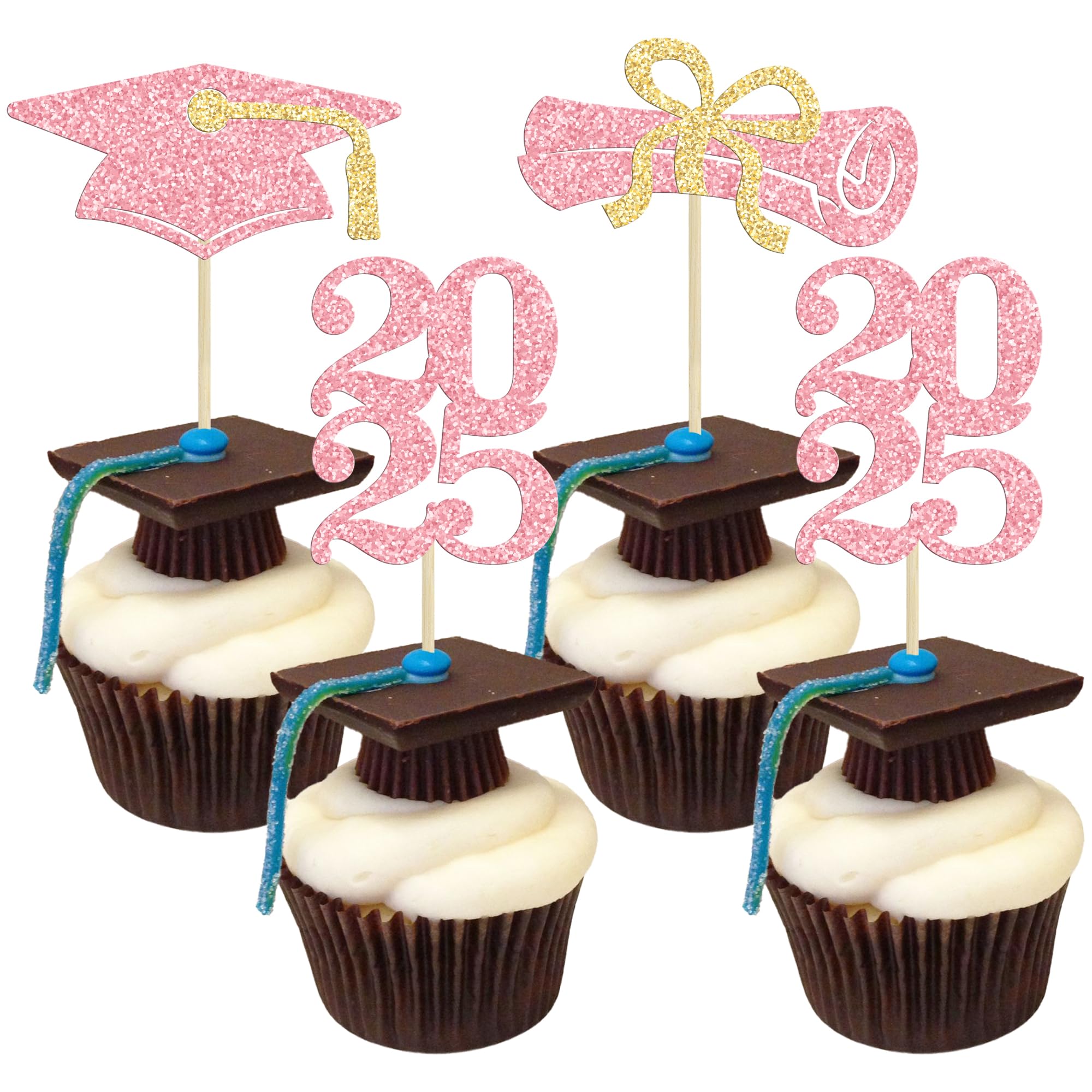 Ephlyn 24Pcs Graduation Cupcake Toppers Glitter Graduation 2025 Diploma Grad Cap Cake Topper Decorations for 2025 Grad Theme Party Cake Decoration Supplies Pink Gold
