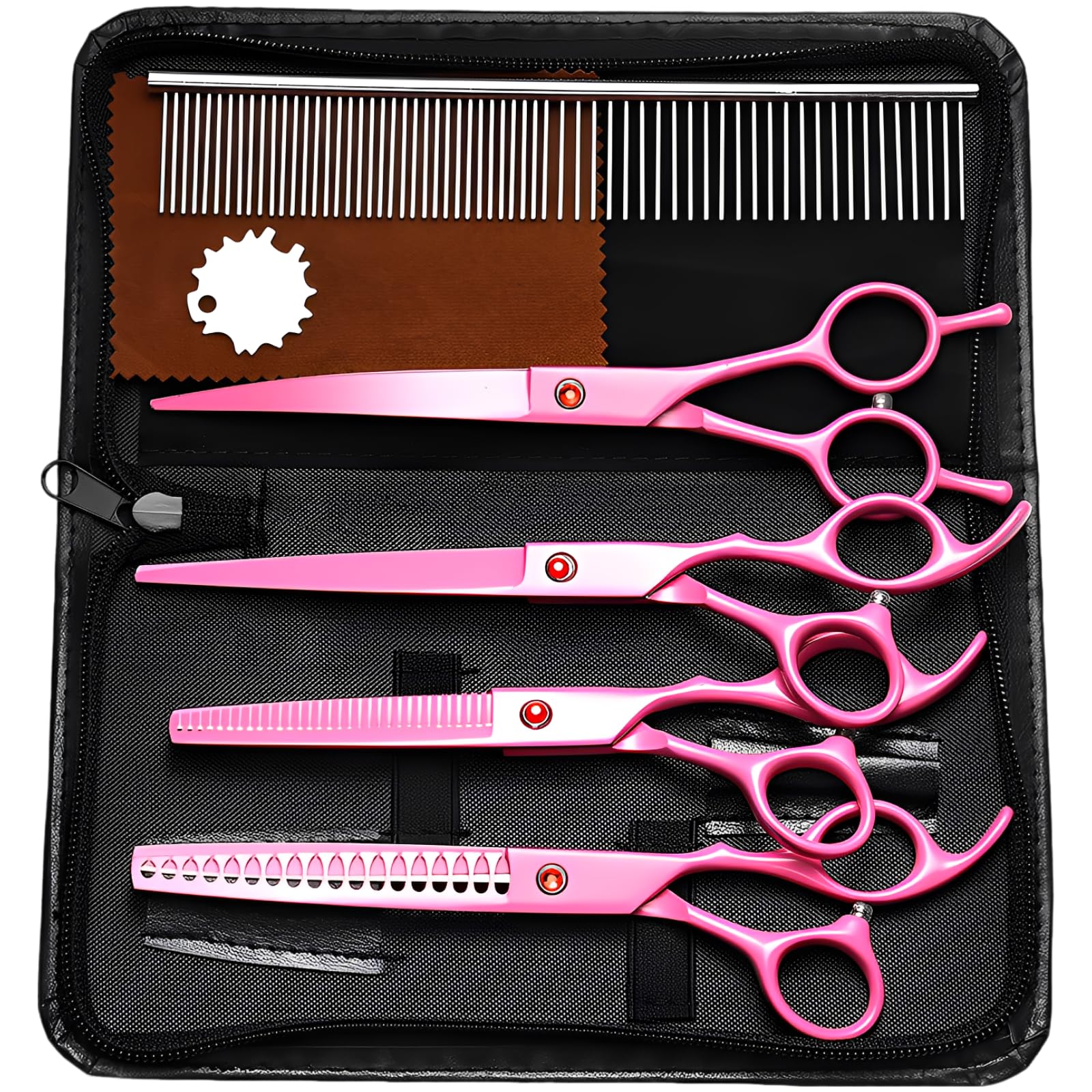 8 TLG. Tierpflege Scheren Set, rosa, 17,8 cm Edelstahl gerade Schere, Effilierschere und Gebogene Schere mit Hundekamm, ergonomische Fellschere für Katzen und Hunde, für präzises Trimmen