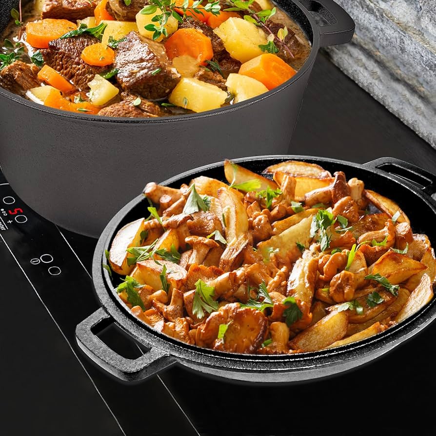 Amazon.co.jp: 2イン1 ダッチオーブン 鋳鉄鍋 蓋付き 5.5