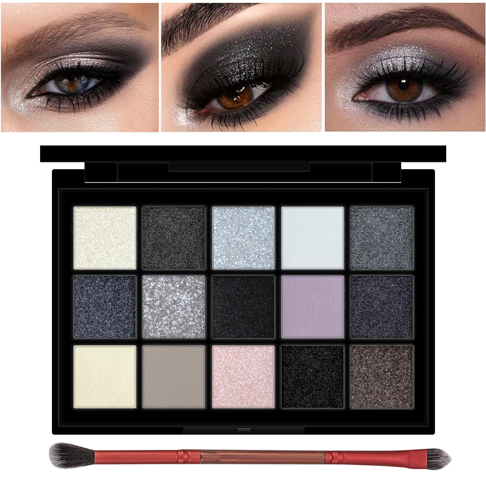 Erinde Paleta de sombras de ojos negro ahumado, paleta de sombras de ojos negro mate, paleta gótica gris de canción, 15 colores, resistente al agua y de larga duración (1 pincel)