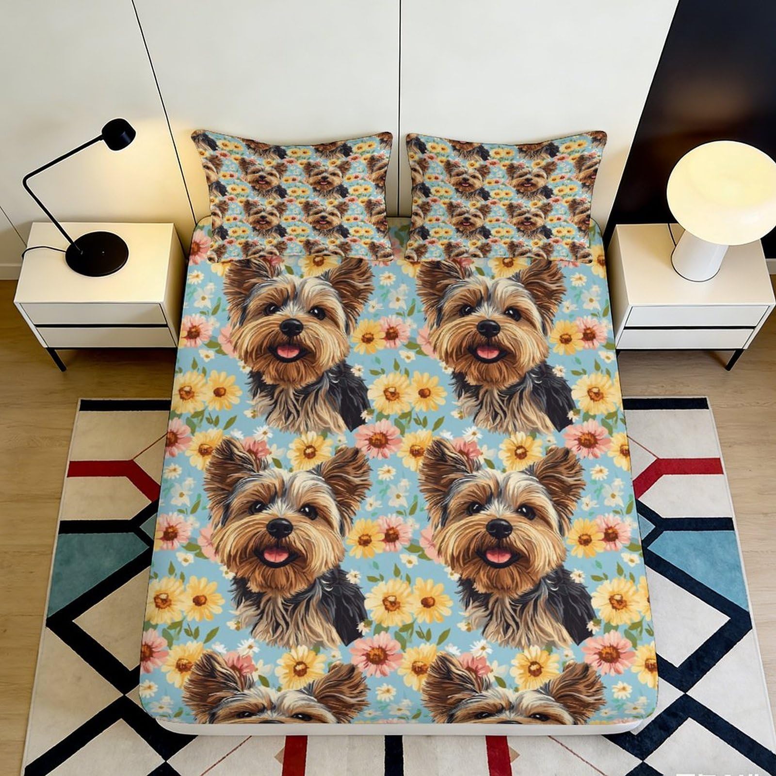 3D Printed Yorkshire Terrier Sunflower Fitted Sheet Microfiber Anti-Slip Bed Cover for Bedroom Guestroom Mattress Decor 90x200x25cm