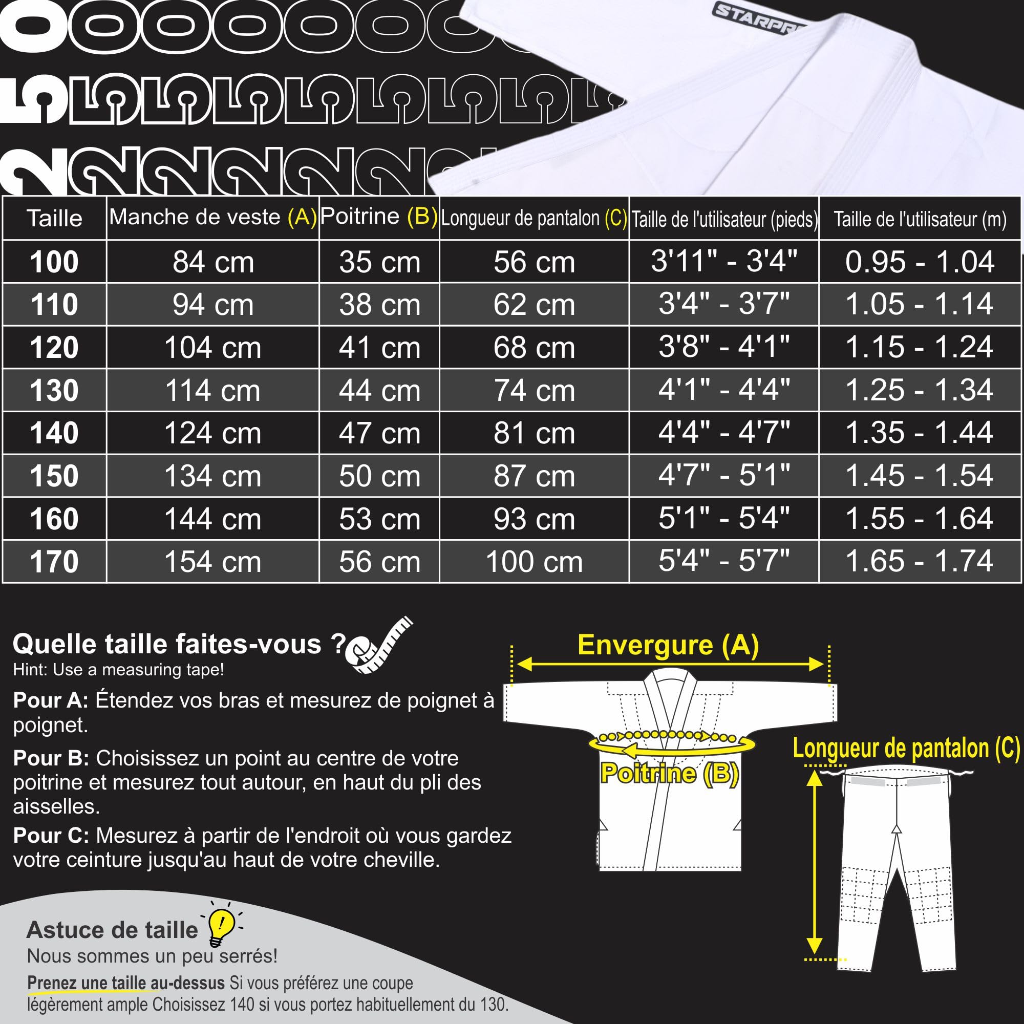Starpro Judo Kimono Gi 250 grammes - Mélange de Coton de qualité supérieure - Blanc - Judogi pour l'entraînement et la compétition - Enfants - 100-170 cm - Ceinture Blanche Gratuite Incluse
