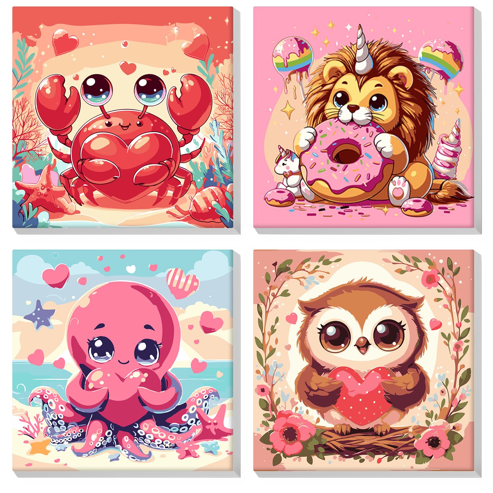 MOGTAA Paint by Numbers for Adults Beginners with Frame, 4 Pack Owl Lion, DIY Animal Oil Painting Kits for Home Decor (8x8inch)