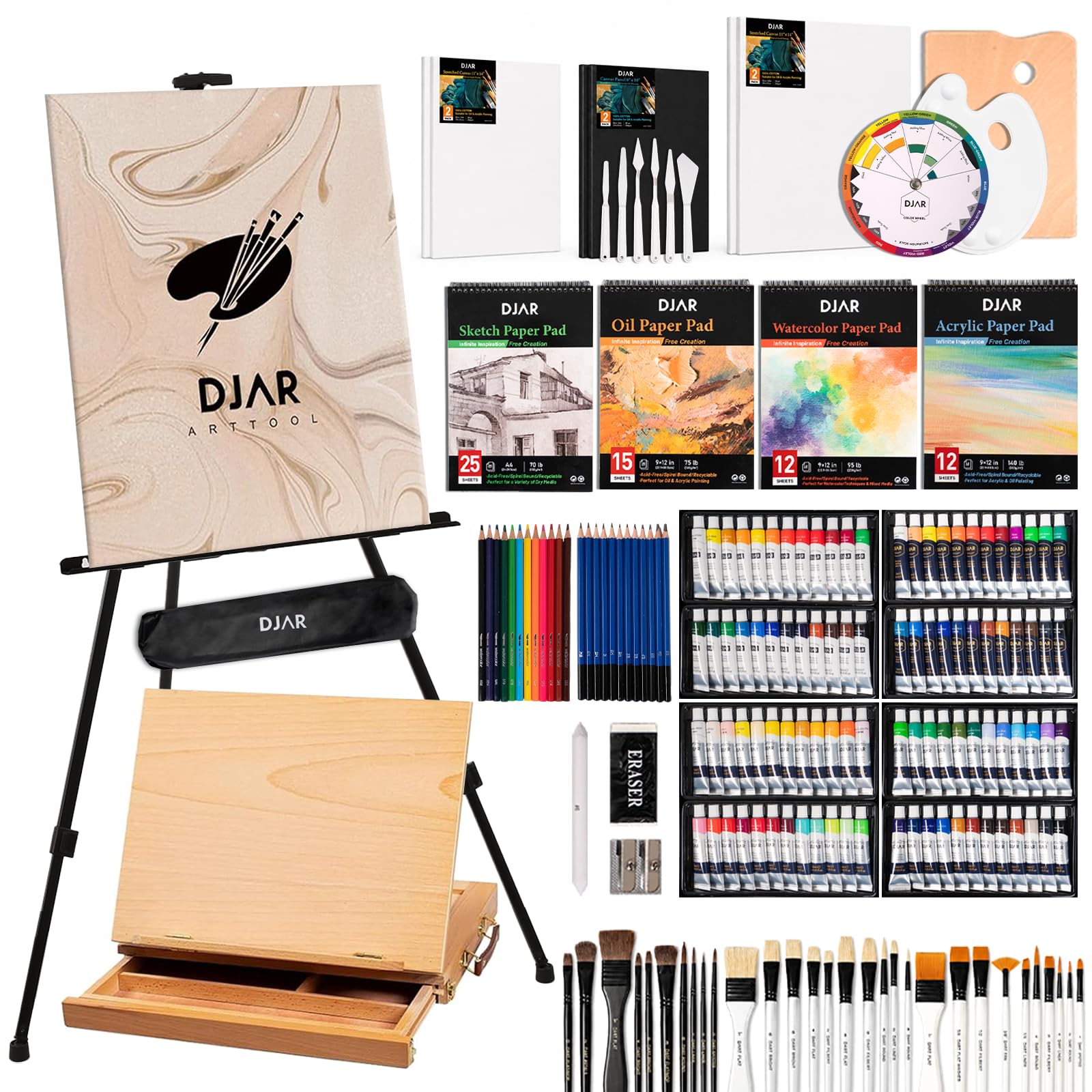DJAR Set di Pittura Completo 174 pz con Cavalletto da Tavolo, Kit Definitivo Acrilico, Acquerello e Olio, 96 Colori per Principianti, Professionisti e Artisti