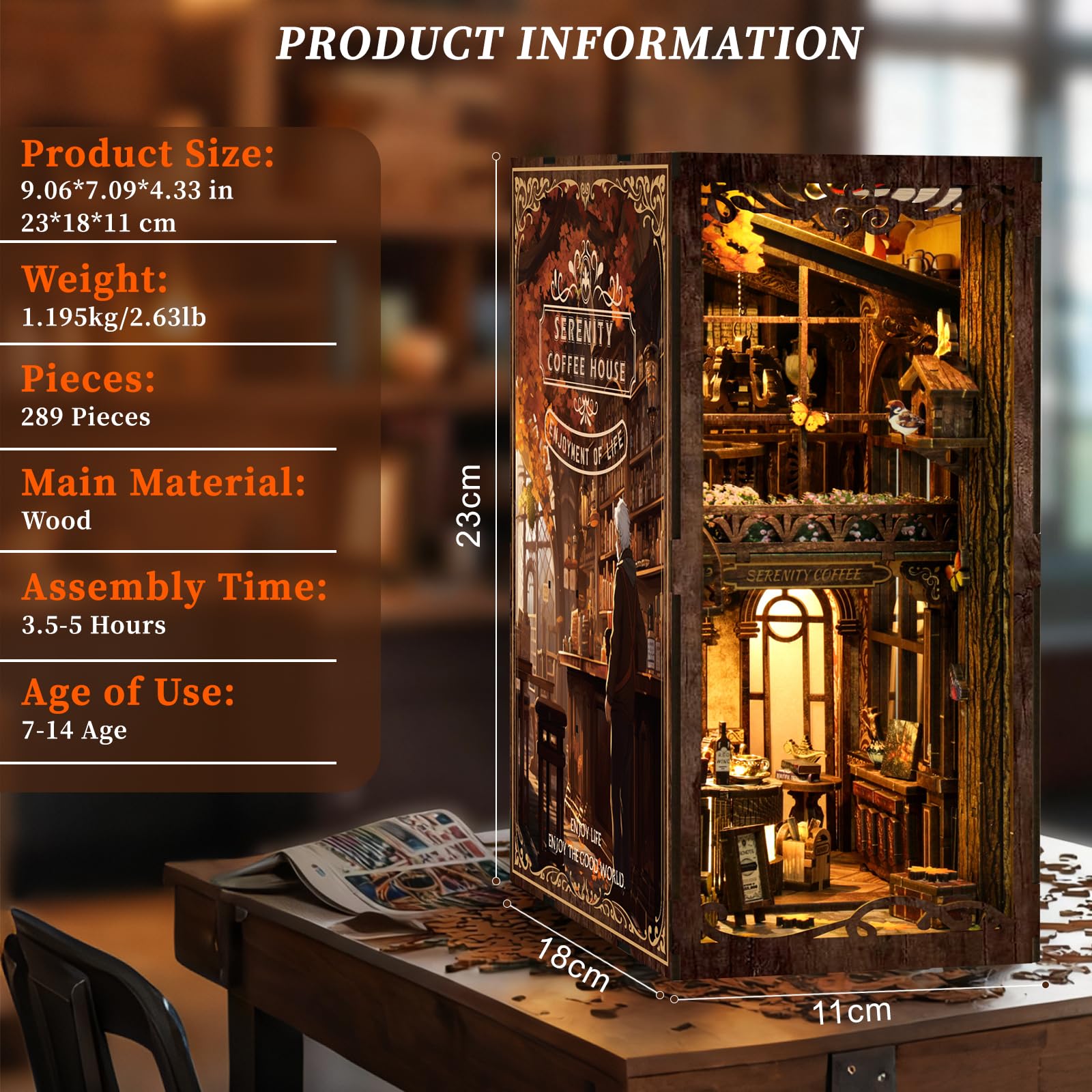 GuKKK Book Nook Kit, Own Bookstore Booknook Puzzle in Legno 3D, Costruzione di Modellini con Mobili e Luce LED in Legno Book Scaffale Inserto Decorazione, Regalo di Vacanza (Caffetteria)
