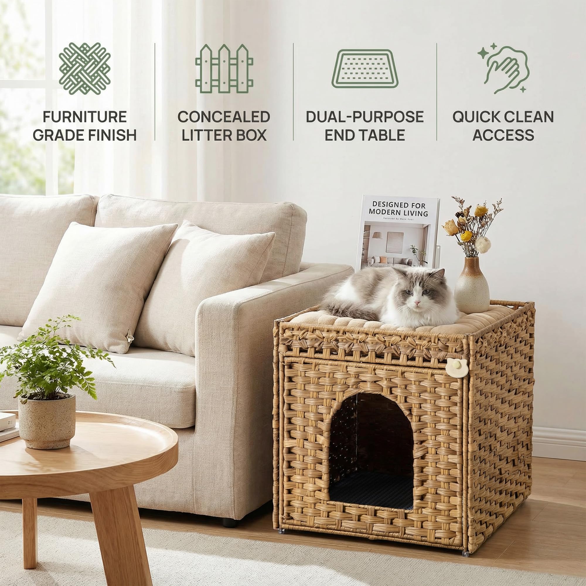 Cat Litter Box Furniture, Rattan Litter Box Enclosure Cabinet for Indoor Cats, Ventilated Covered Litter Box House, Decorative Litter Box Hider with Mat - image 4