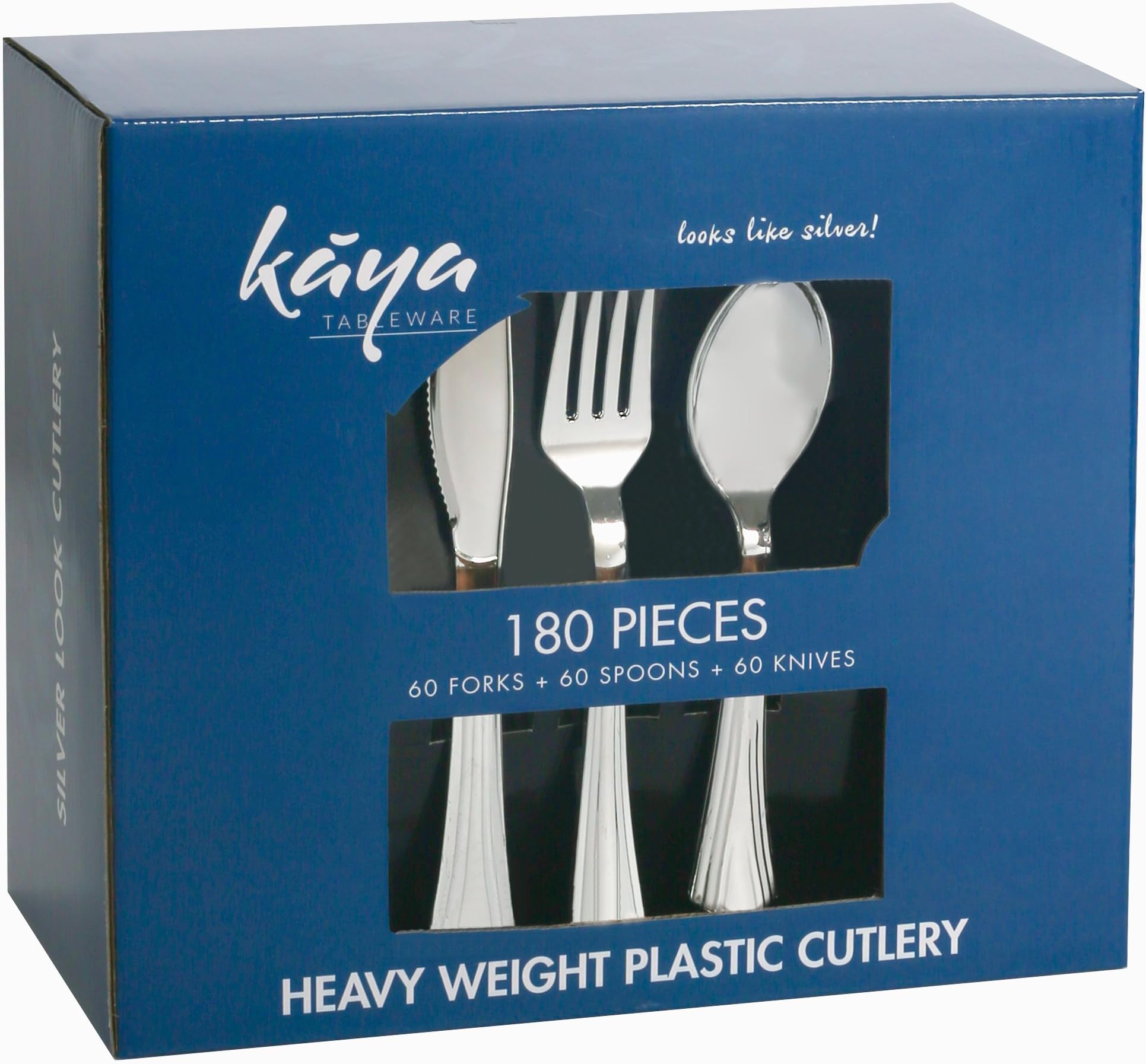 Plastic Silverware Set – 180 Pcs Disposable Silver Cutlery Set – 60 Plastic Forks, 60 Plastic Spoons, 60 Plastic Knives – Heavy Duty Bulk Flatware Party Utensil for Wedding, Birthday & Other Occasions