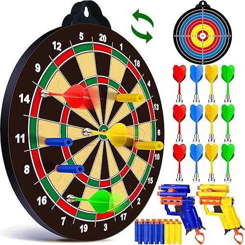 Tabla de dardos magnética 2 en 1, juguete de juego de tiro con 12 dardos magnéticos y 2 pistolas de juguete de dardos de espuma y 24 dardos de