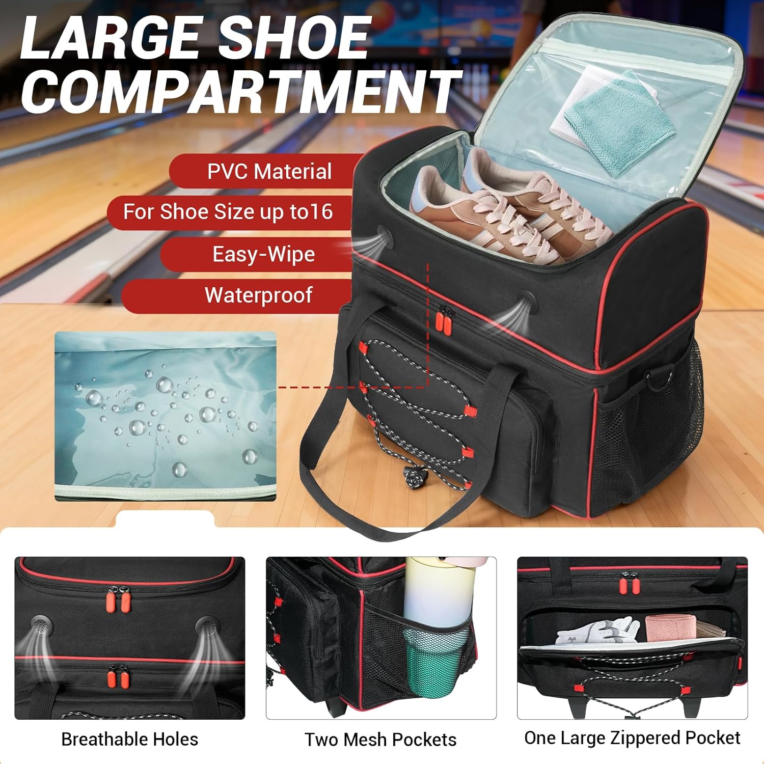 LIWSHWZ 2 Ball Bowling Bag with Wheels,Double Roller Bowling Ball Bag with Separate Breathable Shoe Compartment(Up To US Men Size 16),Plus Single Ball Tote and Thickened Floor Mat