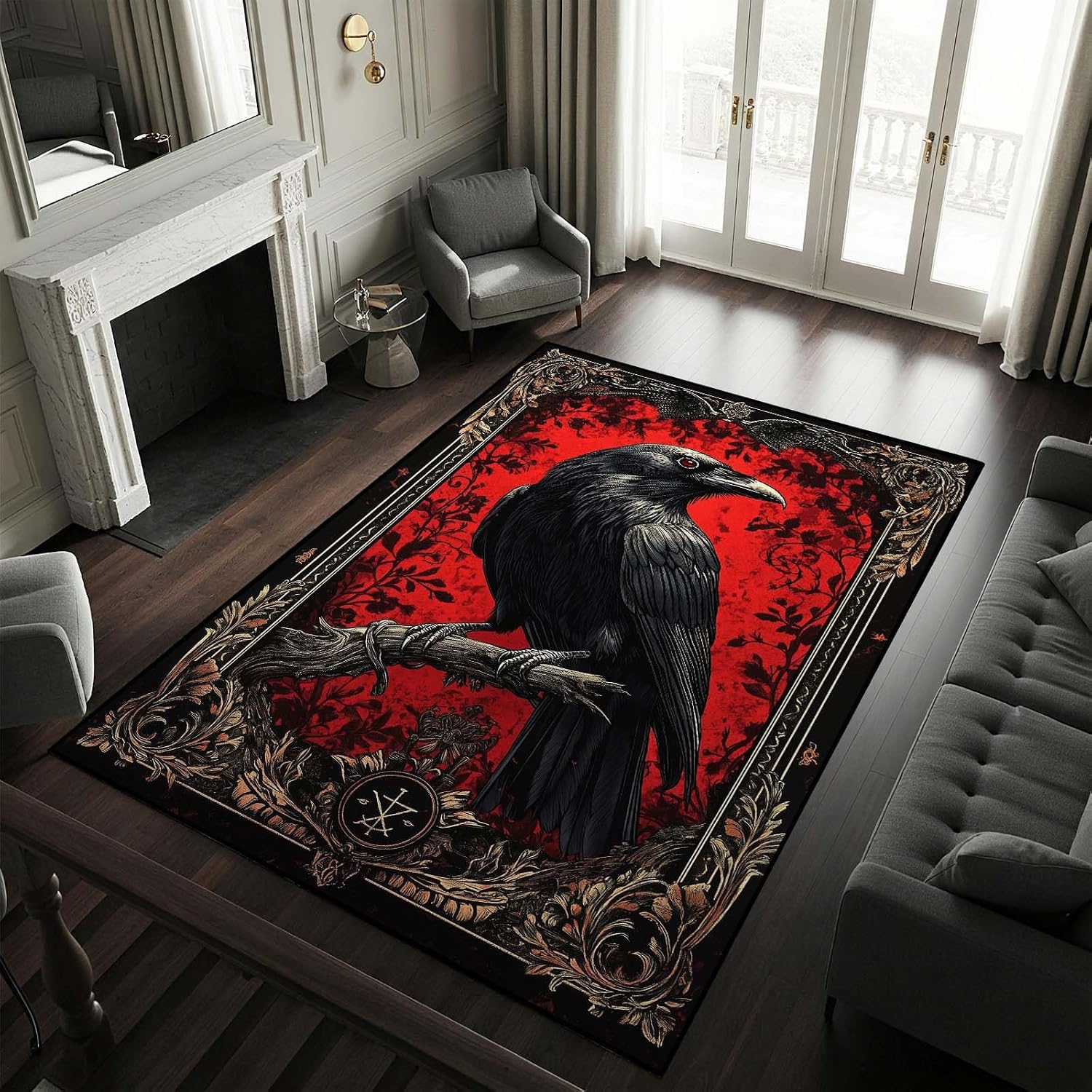 4x6 Gothic Raven Rug, Crow Area Rug, Gothic Rugs for Bedroom, Halloween Rugs, Large Vintage Black Raven Carpet, Soft Washable Non Slip Low Pile Carpet