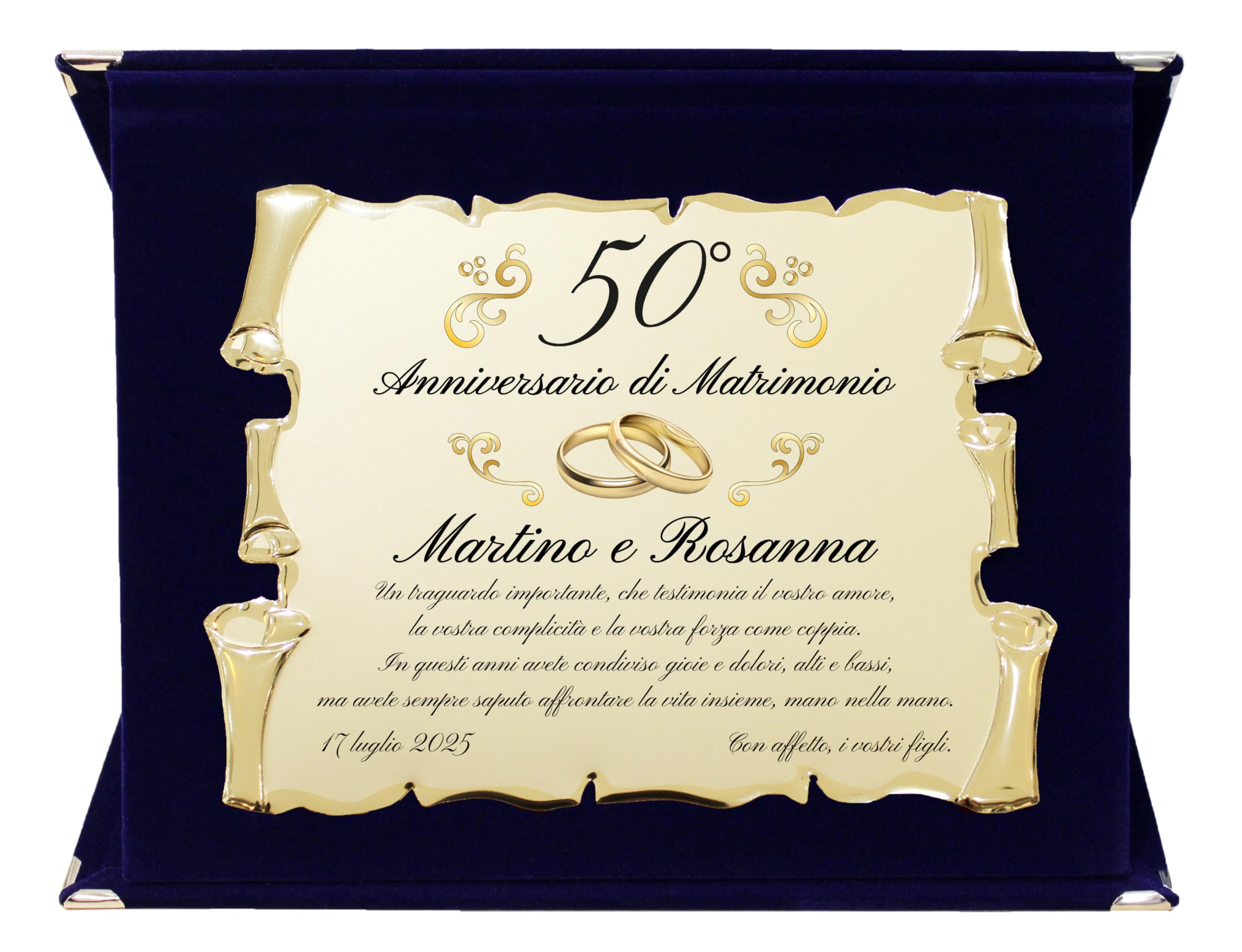 Regalo Anniversario Personalizzato | Targa Anniversario di Matrimonio | Regalo per nozze d'oro, d'argento, rubino, diamante | Cofanetto con Targa a Pergamena