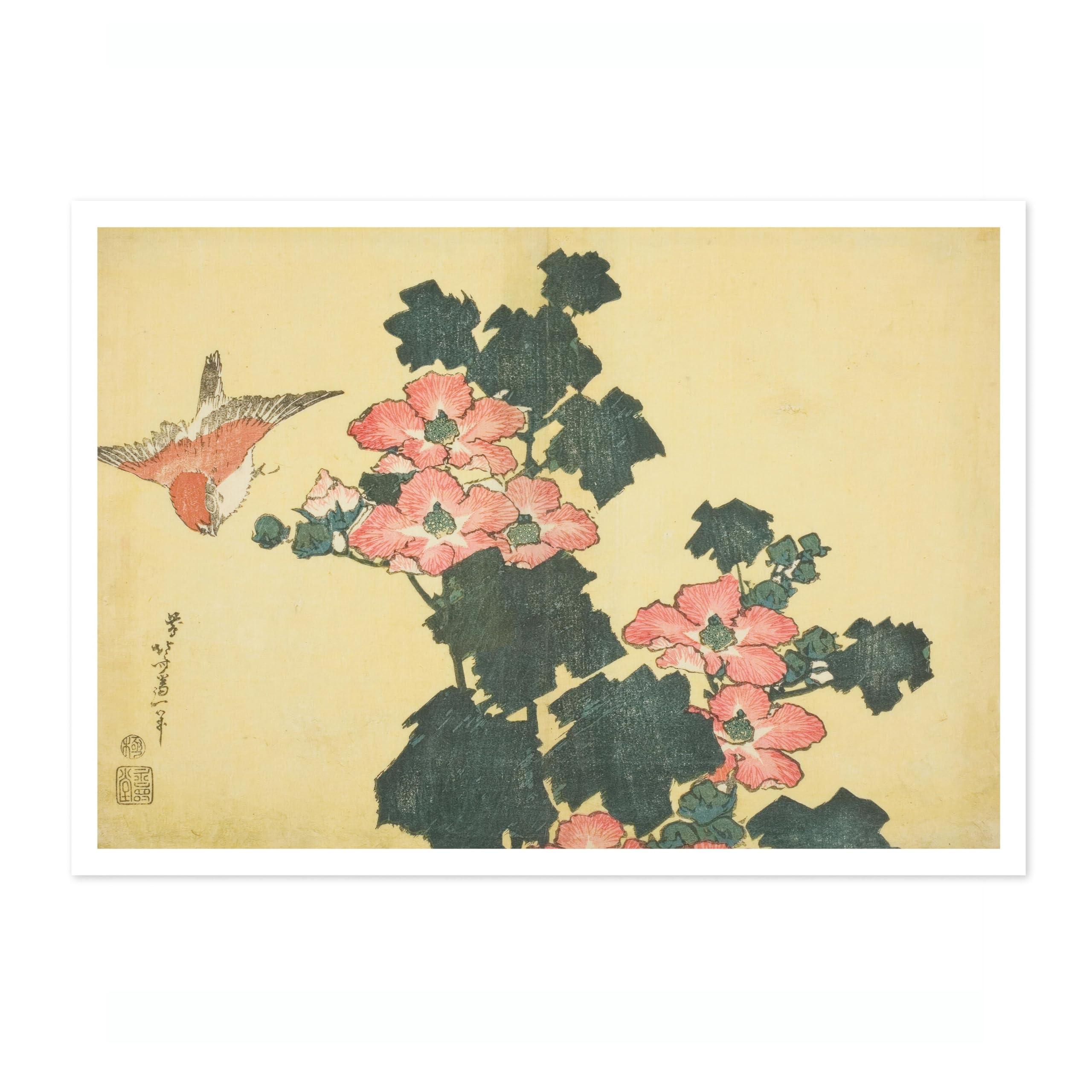 Animato Hibiscus & Sparrow Katsushika Hokusai Poster, Japanese Woodblock Ukiyo-E Print, Vintage Art Picture Painting Wall Art Exhibition, Archival Matte, A3 (Print Only) - 42x29.7cm
