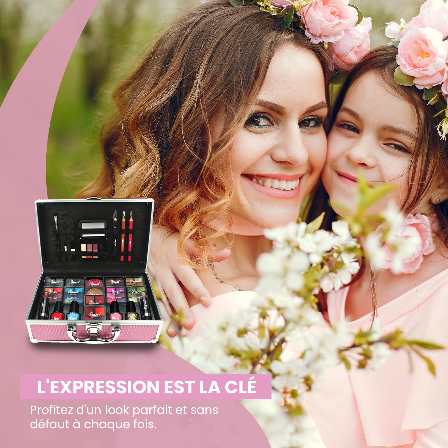 LOVE URBAN BEAUTY Végétalien Trousse maquillage rose vif - Kit maquillage 82 pièces adolescentes et femmes avec ombres à paupières, fards, rouges à lèvres et produits pour les ongles