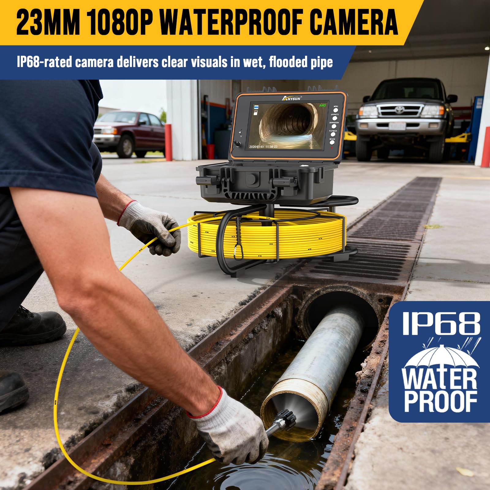 Anysun Caméra d’inspection avec Auto-nivellement, 50M Caméra Canalisation Émetteur 512Hz, 23mm 1080P HD Endoscope Canalisation IP68 Étanche, Écran IPS 9", Câble 7mm, DVR & Carte 32GB, Batterie 5100mAh