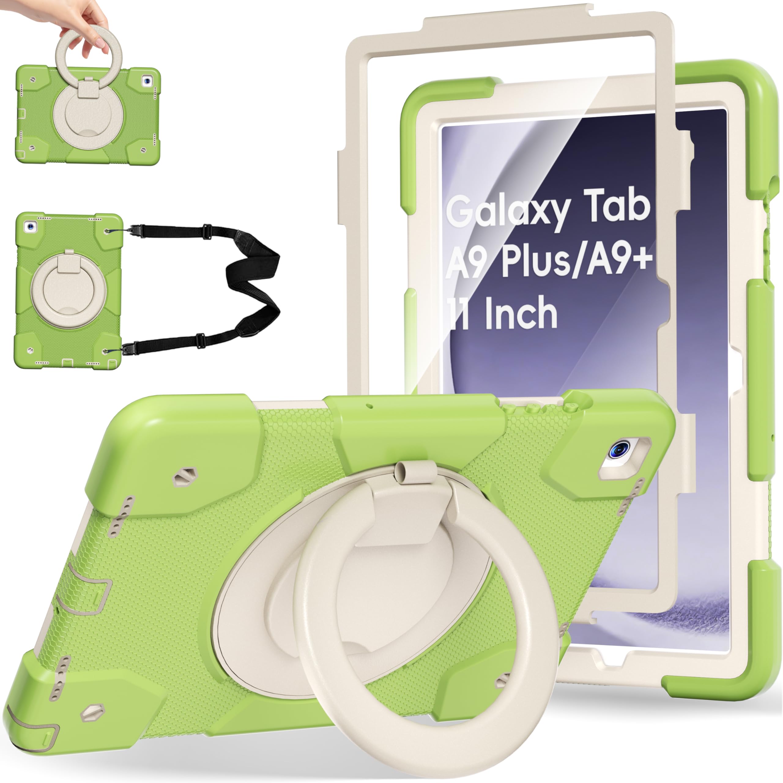 Andnary Case for Samsung Galaxy Tab A9+, Heavy Duty Shockproof Cover with Pencil Holder/360° Rotating Handheld Stand/Shoulder Strap, A9 Plus Case 11 Inch 2023 for SM-X210/X216/X218, Green