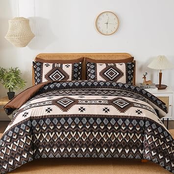 Menghomeus Queen Dark Brown Comforter Set, 7 Pieces Boho Aztec Bedding Set