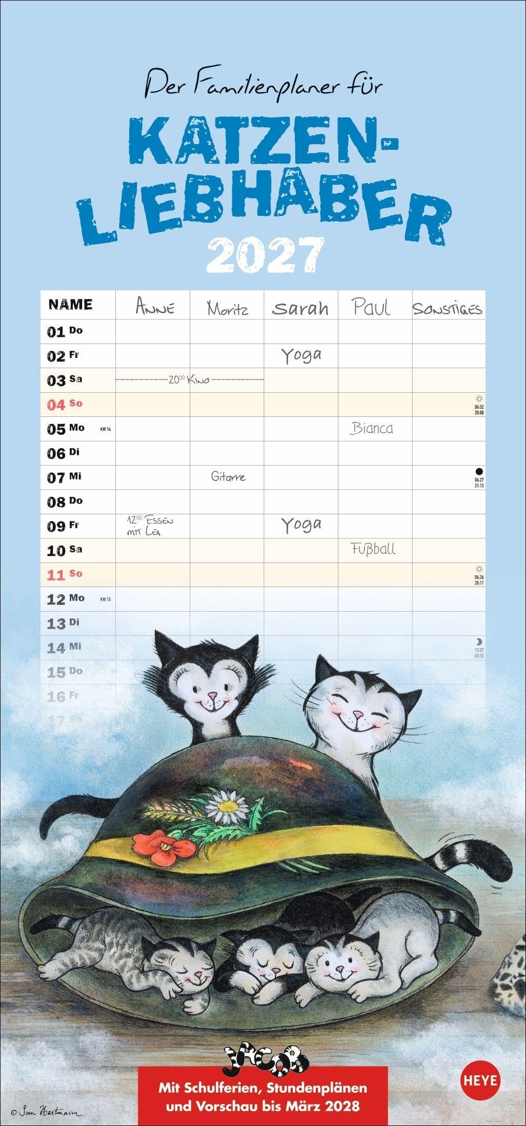 Jacob Familienplaner für Katzenliebhaber 2027: Terminkalender für Katzenliebhaber. Praktischer Familienkalender mit 5 Spalten. Liebvoll illustrierter Wandplaner für Familien.