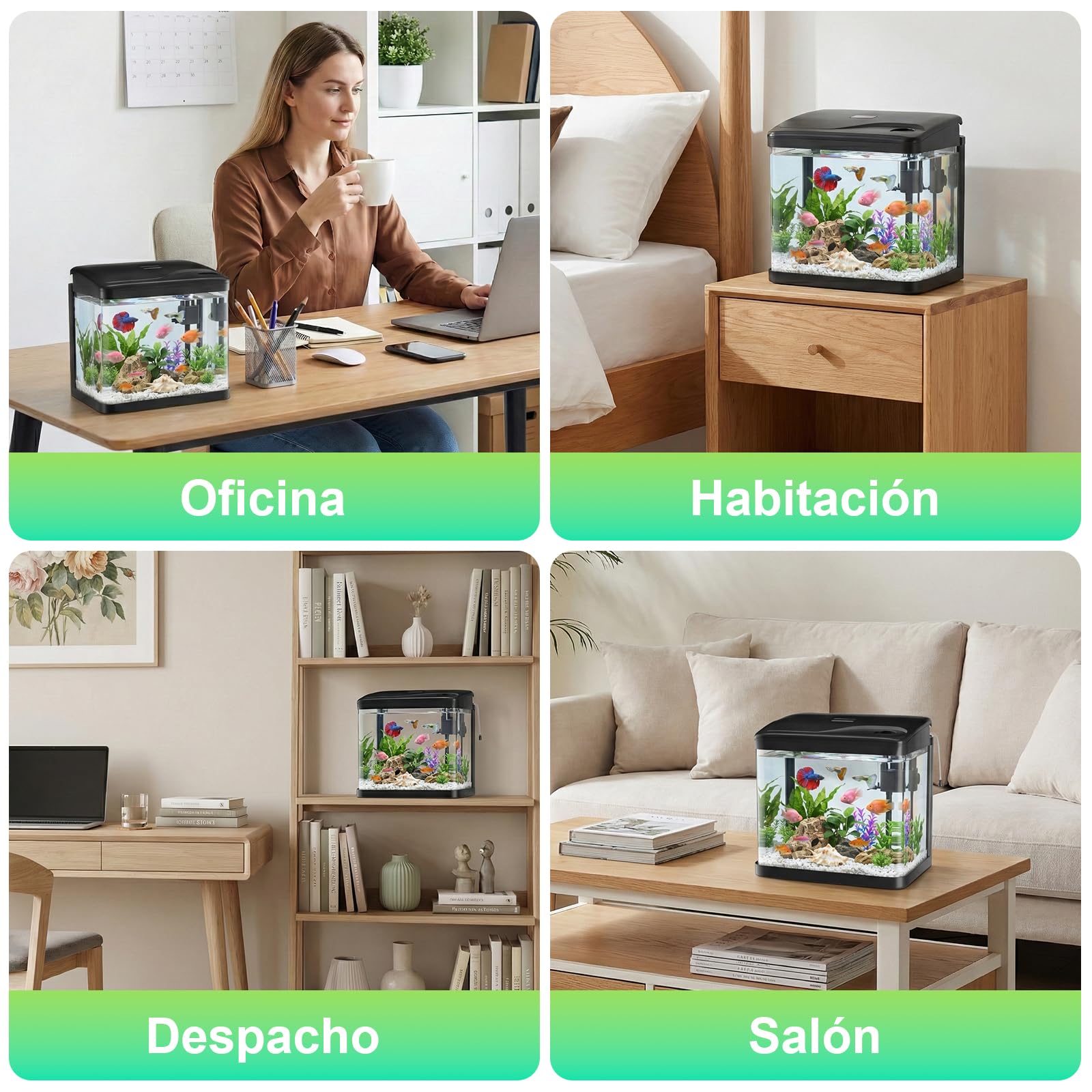 6L Acuario de Cristal Acuarios y Peceras Completas,con Sistema de Filtrado Integrado e Iluminación LED,Acuarios de Iniciación, Negro
