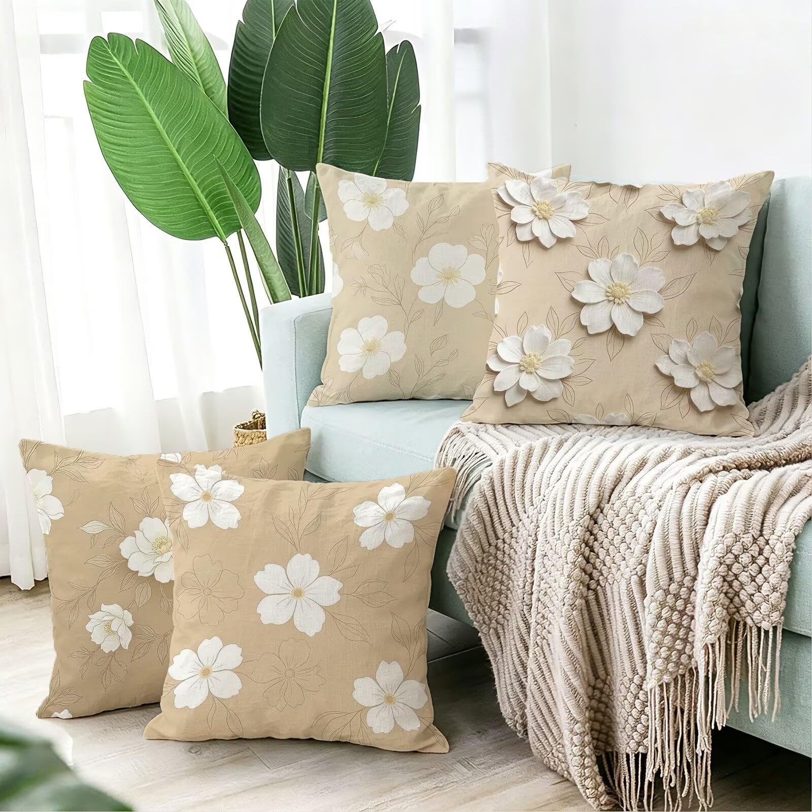 Beżowa poszewka na poduszkę 65 x 65 cm zestaw 4 poduszek outdoorowych | Aksamitna poszewka na poduszkę do salonu, na sofę, styl boho, 65 x 65 cm