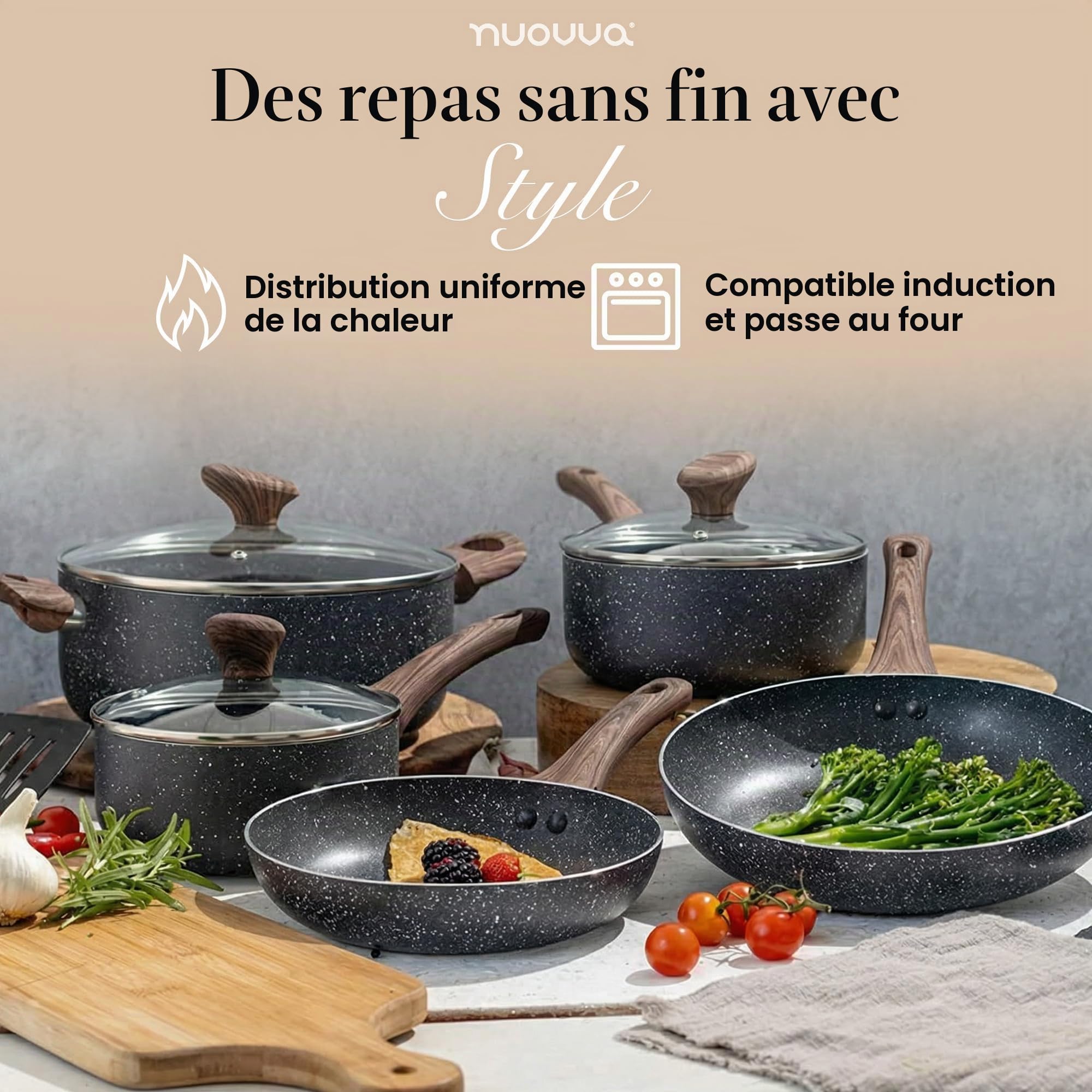 Ensemble de casseroles et poêles antiadhésives - Plaque à induction - Batterie de cuisine 8 pièces avec couvercle - Cuisiner avec marmite et poêles en marbre - par Nuovva