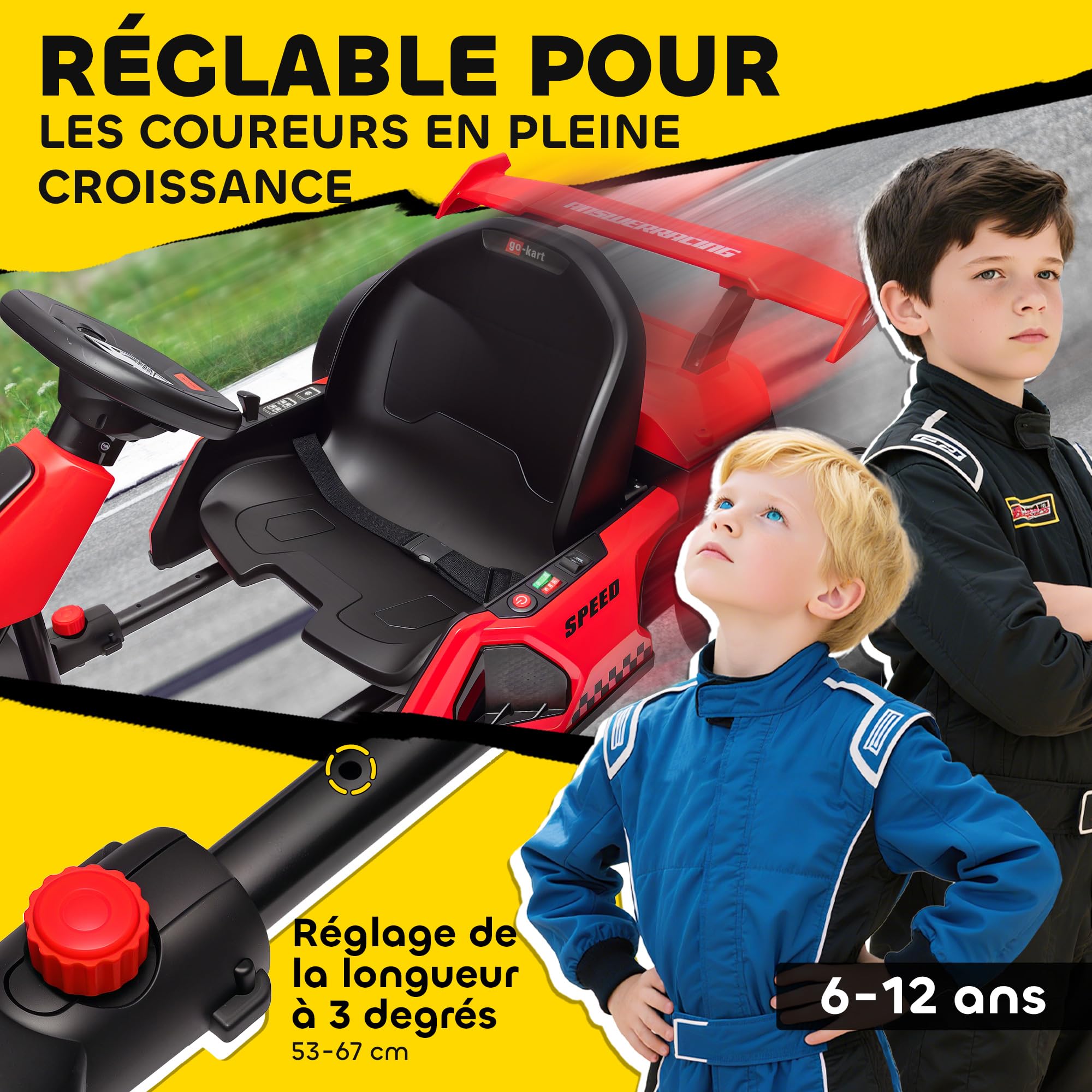 HOMCOM Kart électrique pour Enfants 24 V, 2 x 150 W, LED, Drift, Musique, 6-12 Ans, Rouge