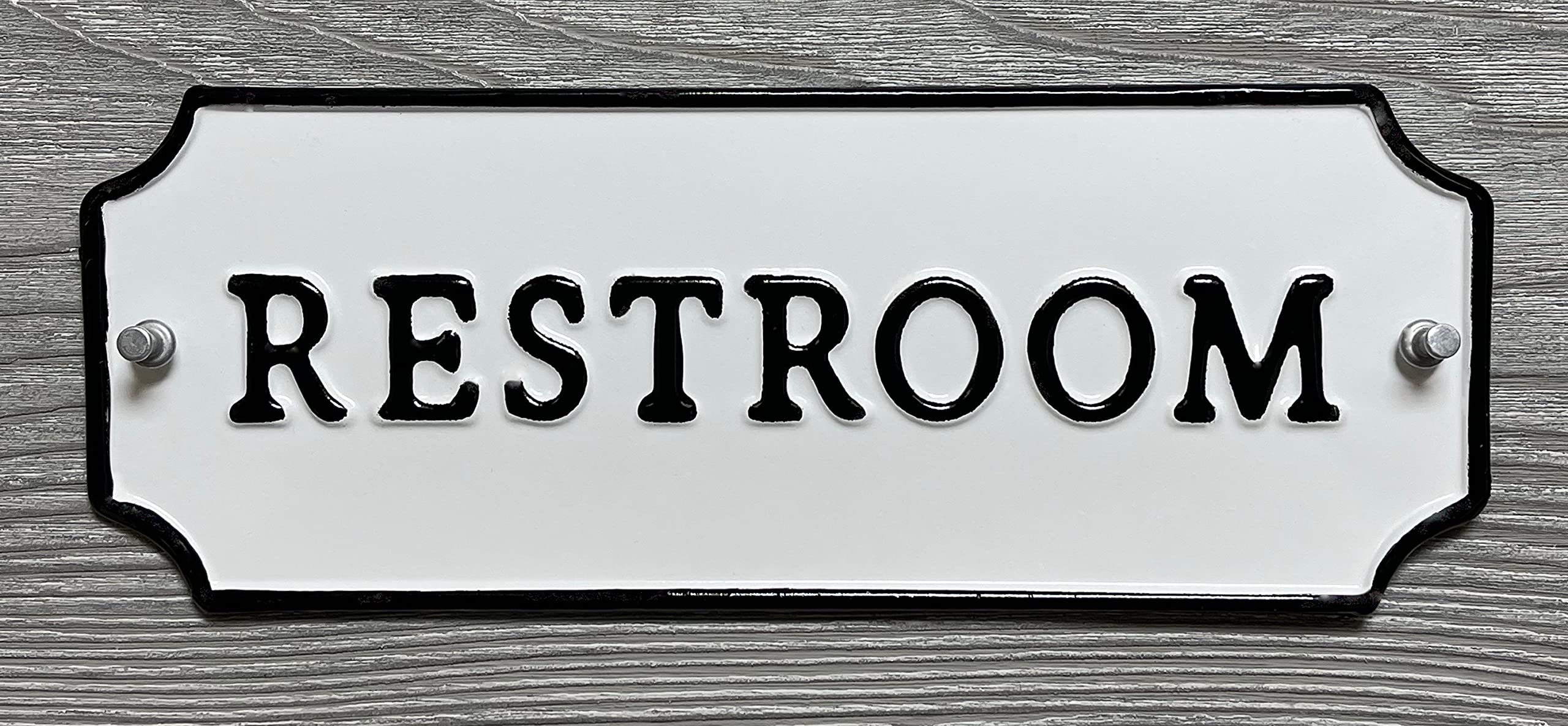 Silvercloud Trading Co. Rustic Single Sided RESTROOM Embossed Black on White Enamel Metal Door or Wall Sign 11.25" wide X 4.25" tall - Wall Decor - Room Label