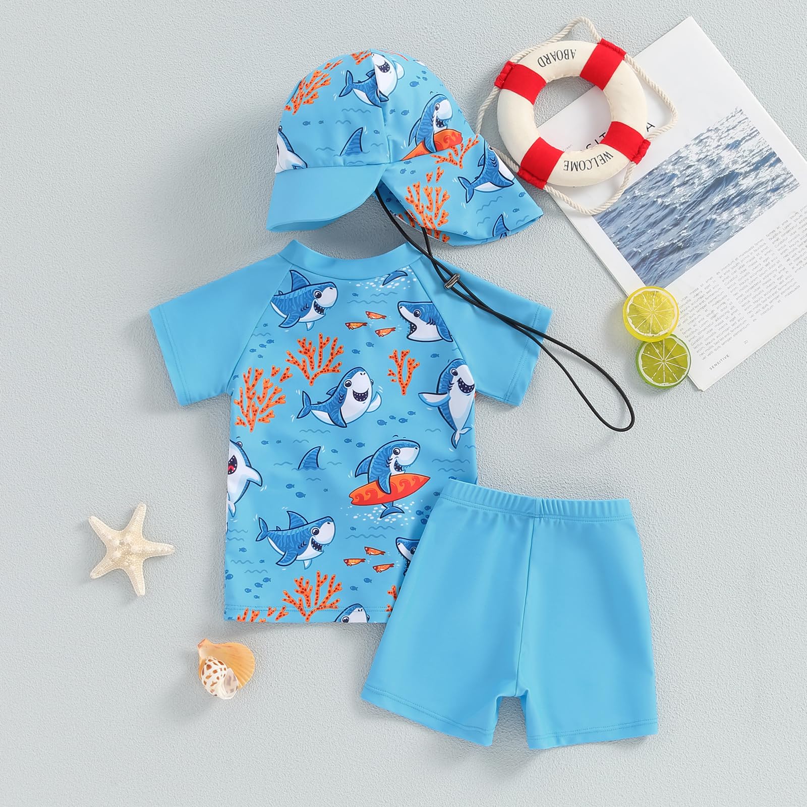 Neonato Costume da Bagno Anti-UV Tee Shirt Manica Corta e Pantaloncini da Bagno con Cappello Set 3 Pezzi Costume Nuoto Piscina