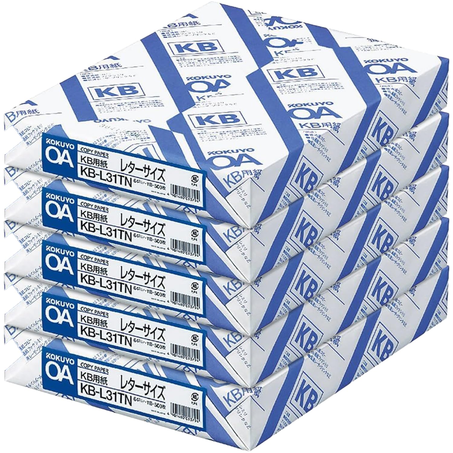 Kokuyo Carta per stampante, 5 risme formato lettera US (21,6 x 27,9 cm), carta KB, spessore carta per fotocopie, 0,09 mm, 64 g/m², 80 luminosi (ISO), 2500 (500 x 5) fogli, certificato FSC,