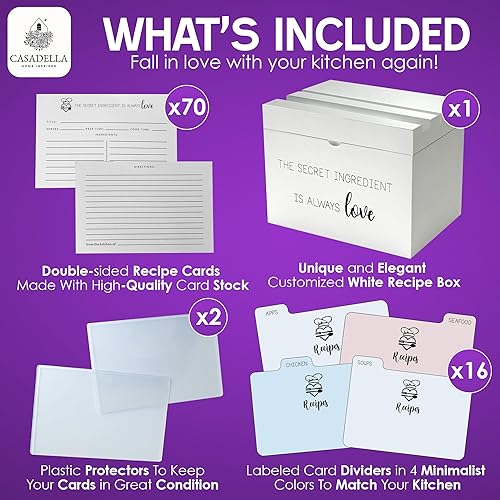 Miniatura 2 de CASADELLA - Caja de recetas de madera, caja con 70 tarjetas de recetas de 4 x 6 pulgadas y 16 divisores, caja de tarjetas minimalista blanca, caja