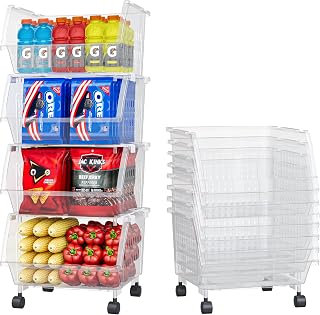 Large Stackable Storage Bins Open Front with Wheels, 8 Pack - Clear | Easy Assembly, Sturdy Plastic, Open Front Access, Smooth 4 Rolling Wheels, Stackable, Large Capacity Storage