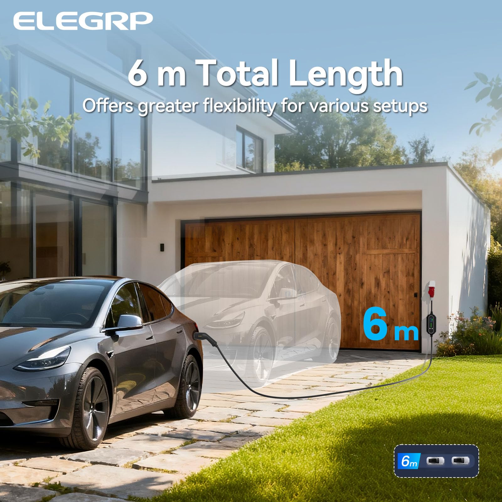ELEGRP 11 kW Mobile Wallbox con cavo di ricarica tipo 2, caricatore trifase per veicoli elettrici, regolabile da 6 a 16 A, cavo da 6 m, impermeabile IP67, stazione di ricarica mobile IEC 62196-2.