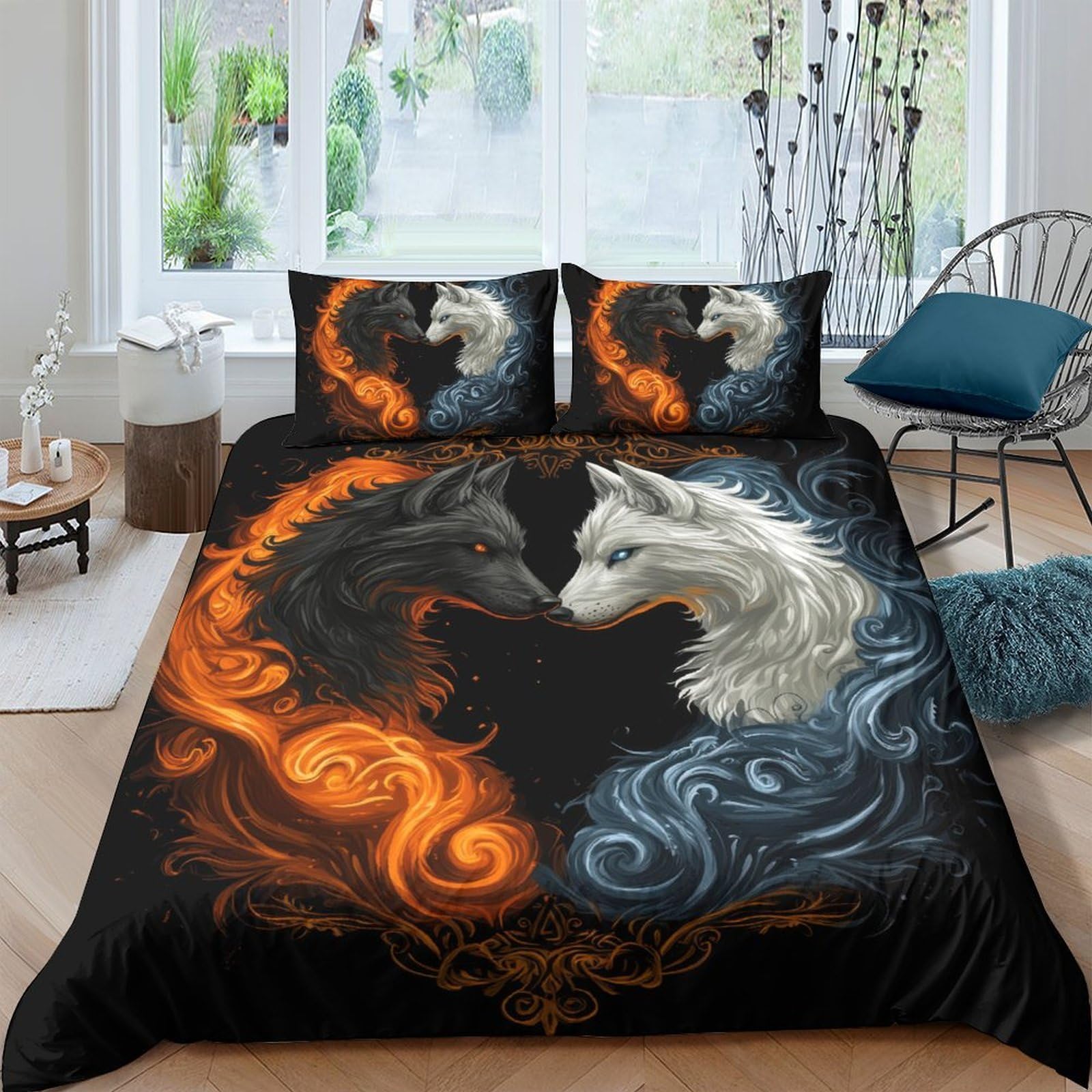 Ctjqhvkz Style-10 3D Printed Yin Yang Wolf Fitted Sheet Microfiber Soft Breathable Fire Ice Bed Cover For Bedroom Dorm Mattress Protection Decor Single（135X200cm）