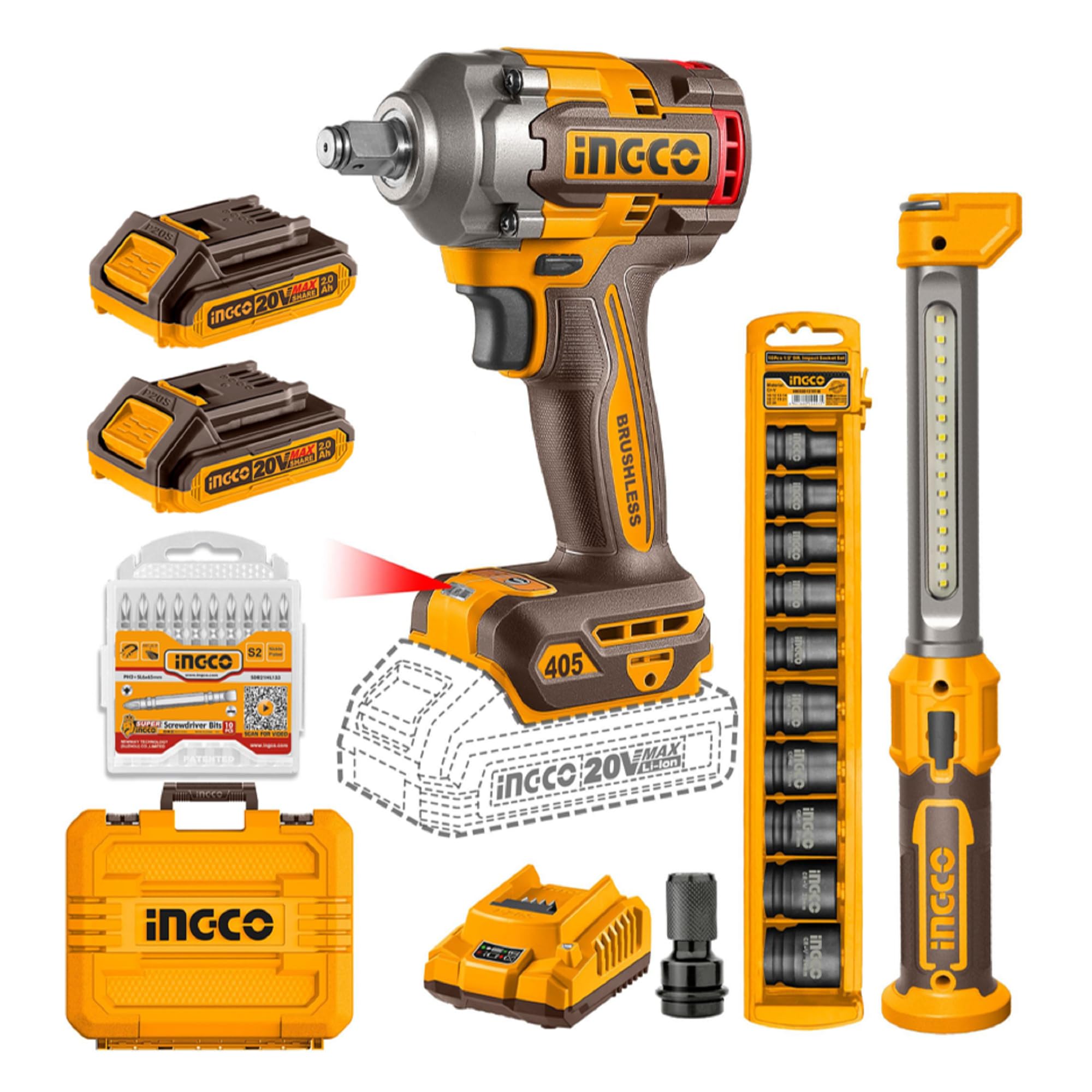Ingco Cordless Impact Wrench with Work Lamp, 405Nm, 2 x 2.0 Ah Batteries, 10-Piece Socket Set, LED Work Light, 10-Piece Screwdriver bit-image-27