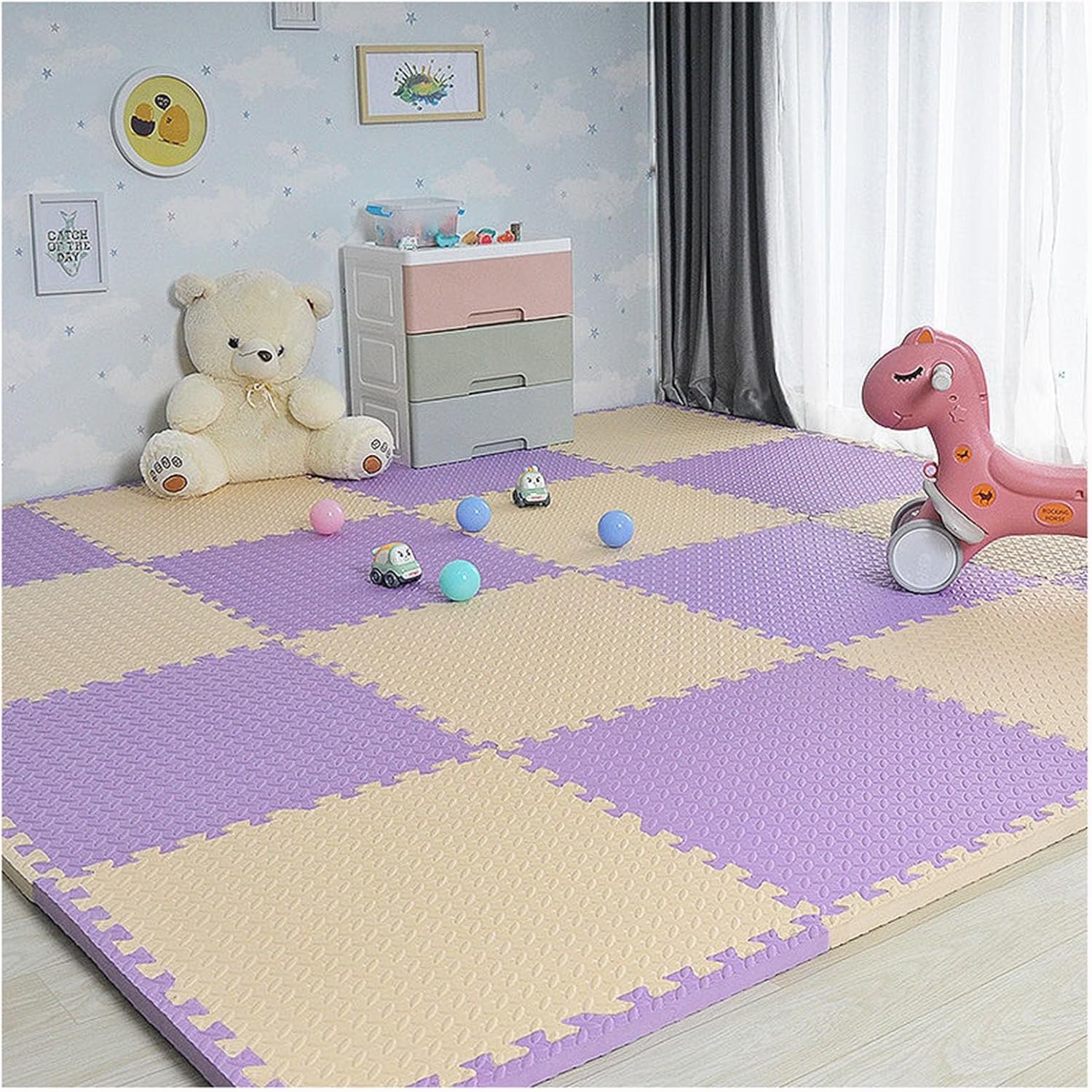 JvFbjLF 10 Pcs 30cm/60cm Foam Floor Tiles Square Interlocking Floor Mat DIY Puzzle Play Mat(Purple+Beige,24x24inch)