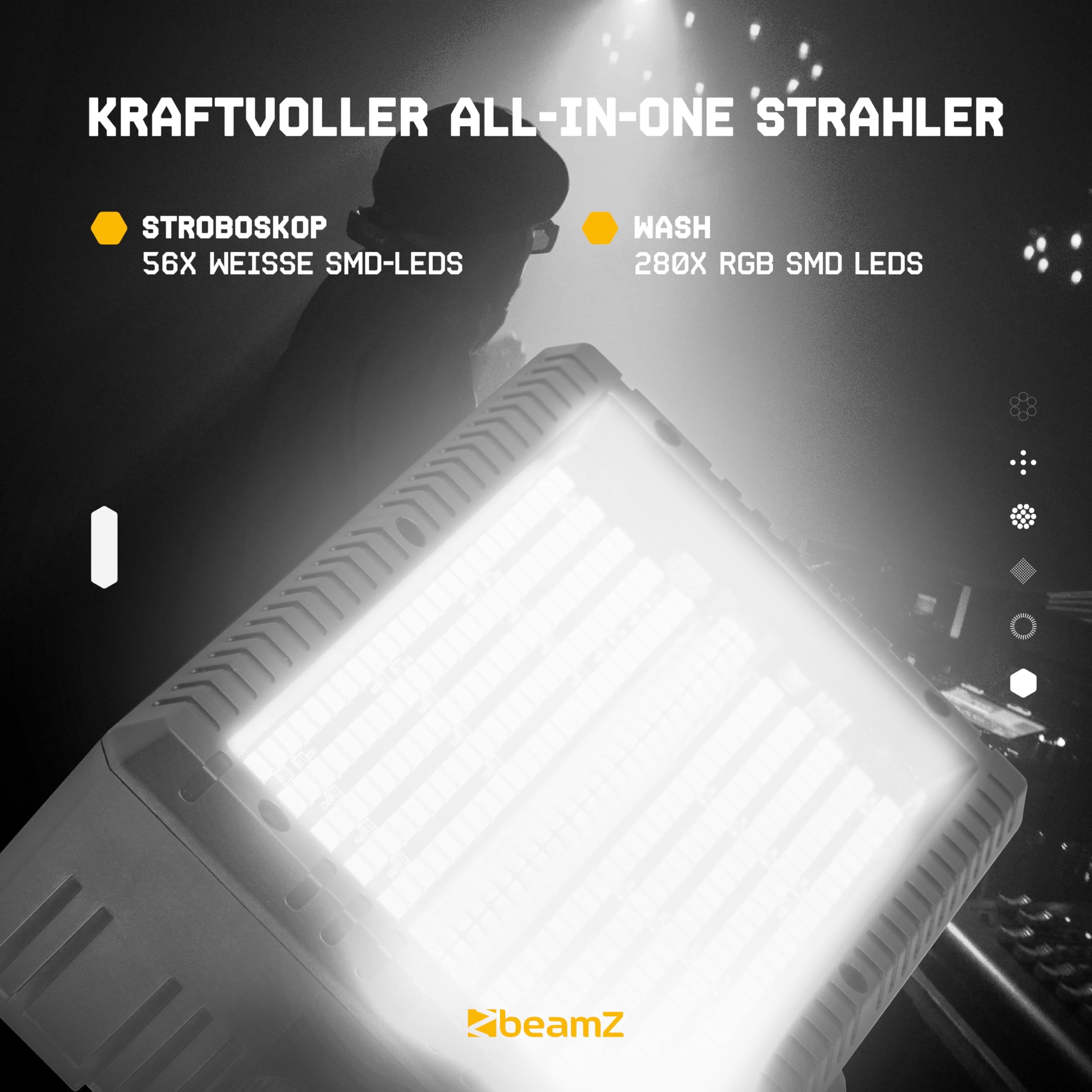 BeamZ BS336 - Stroboskop Blitzer, Blinder Wash Kombi mit RGBW LEDs – 3-in-1 LED Lichteffekt, Fernbedienung, DMX Steuerung, Disco Licht & Party Lichter für Events, Clubs & Partys