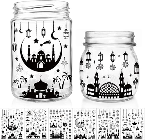 1135 calcomanías decorativas de Eid Mubarak, calcomanías para frascos de Ramadán Mubarak, calcomanías de Eid al Fitr Ramadán Kareem, adhesivos