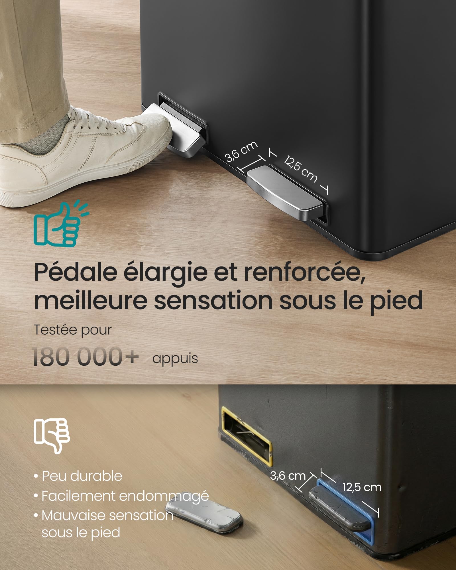 SONGMICS Poubelle de Cuisine 2 x 30 L, Corbeille de Tri 2 Compartiments, avec 15 Sacs Poubelle, Seaux Amovibles, avec Couvercle, Poignées, Fermeture en Douceur, en Acier, Noir d'Encre LTB160BZ02