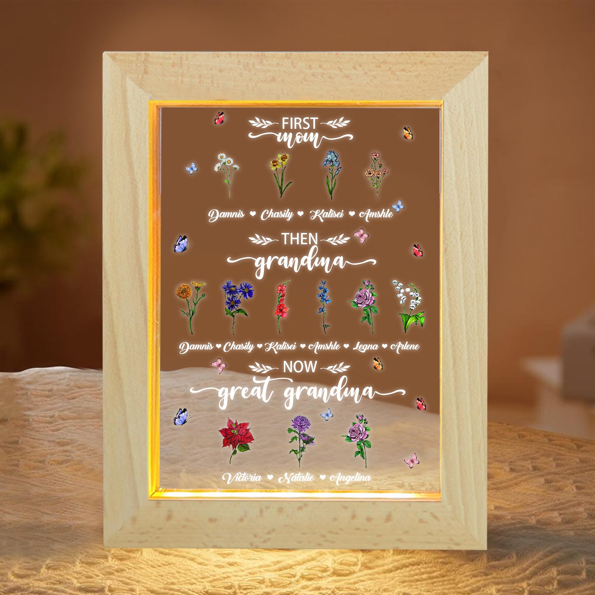 BFHEFGSUU Personalised Frist Mom Then Grandma New Great Grandma Night Light Custom 1-10 Names Birth Month Flower Grandma's Garden Sign Family Acrylic Lamp Gift for Grandma Mothers Day (Style 21)